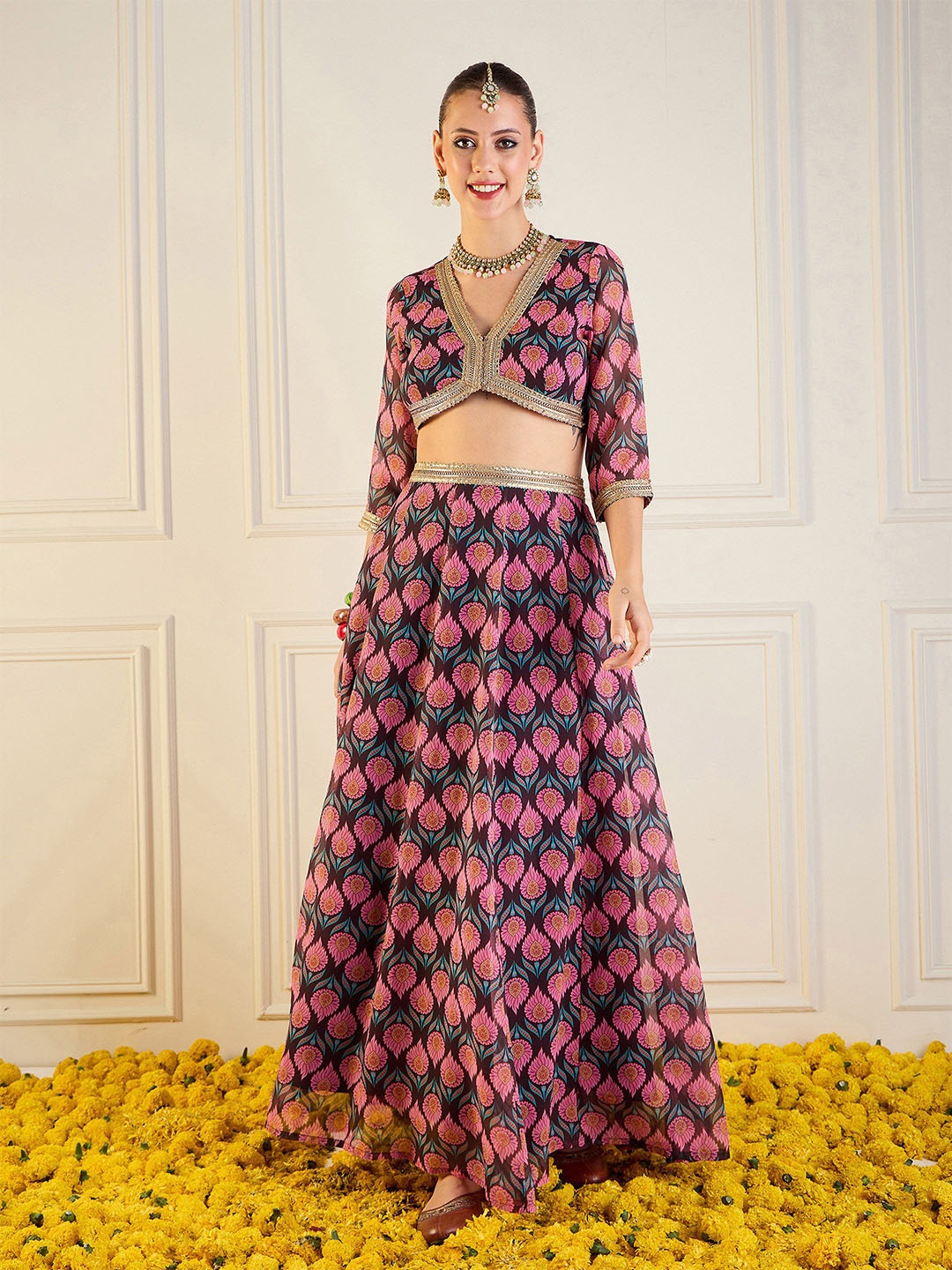 

Shae by SASSAFRAS Printed Lace Ready to Wear Lehenga & Choli, Brown