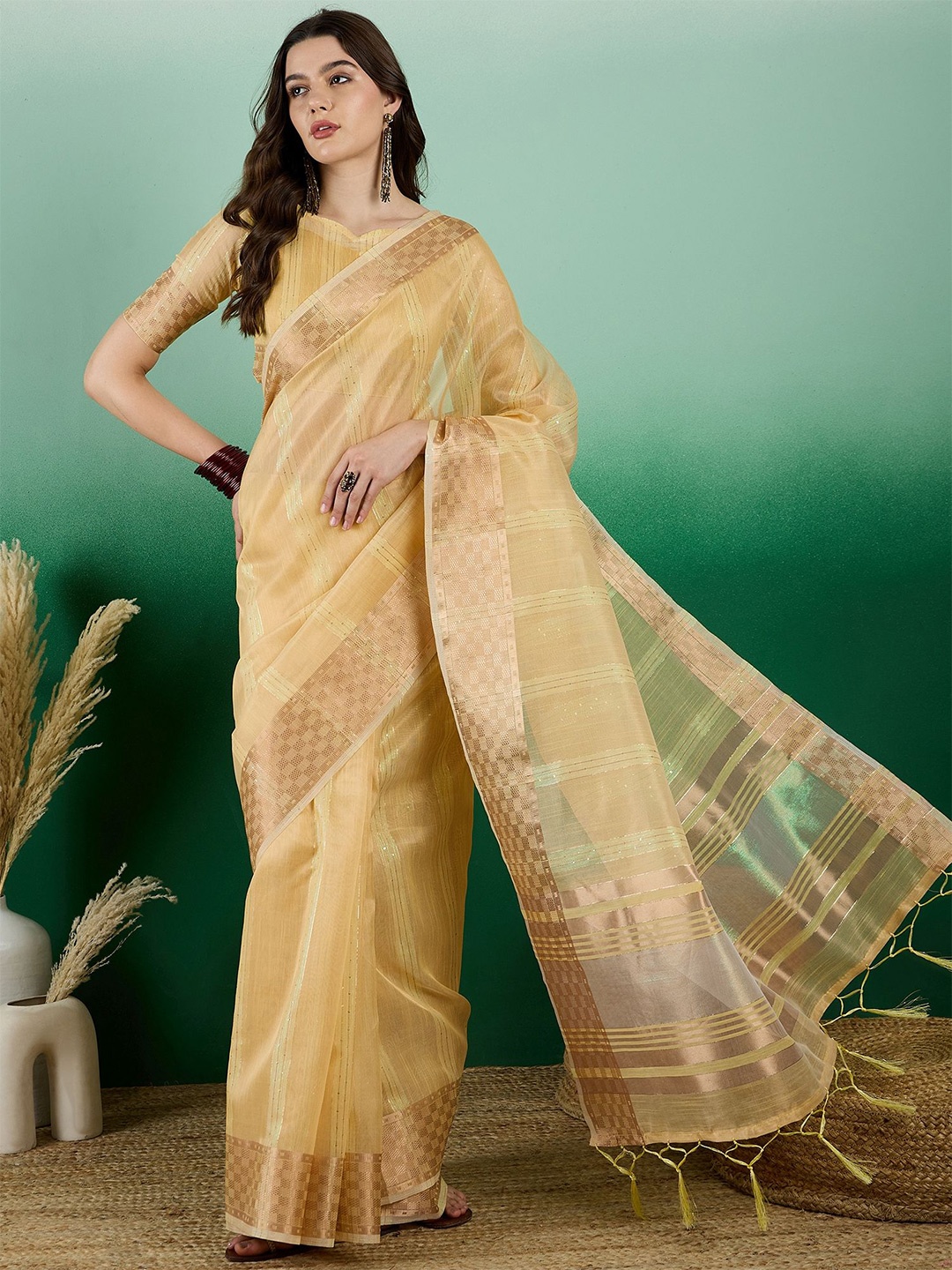 

VIRICA Striped Sequinned Organza Khadi Saree, Yellow