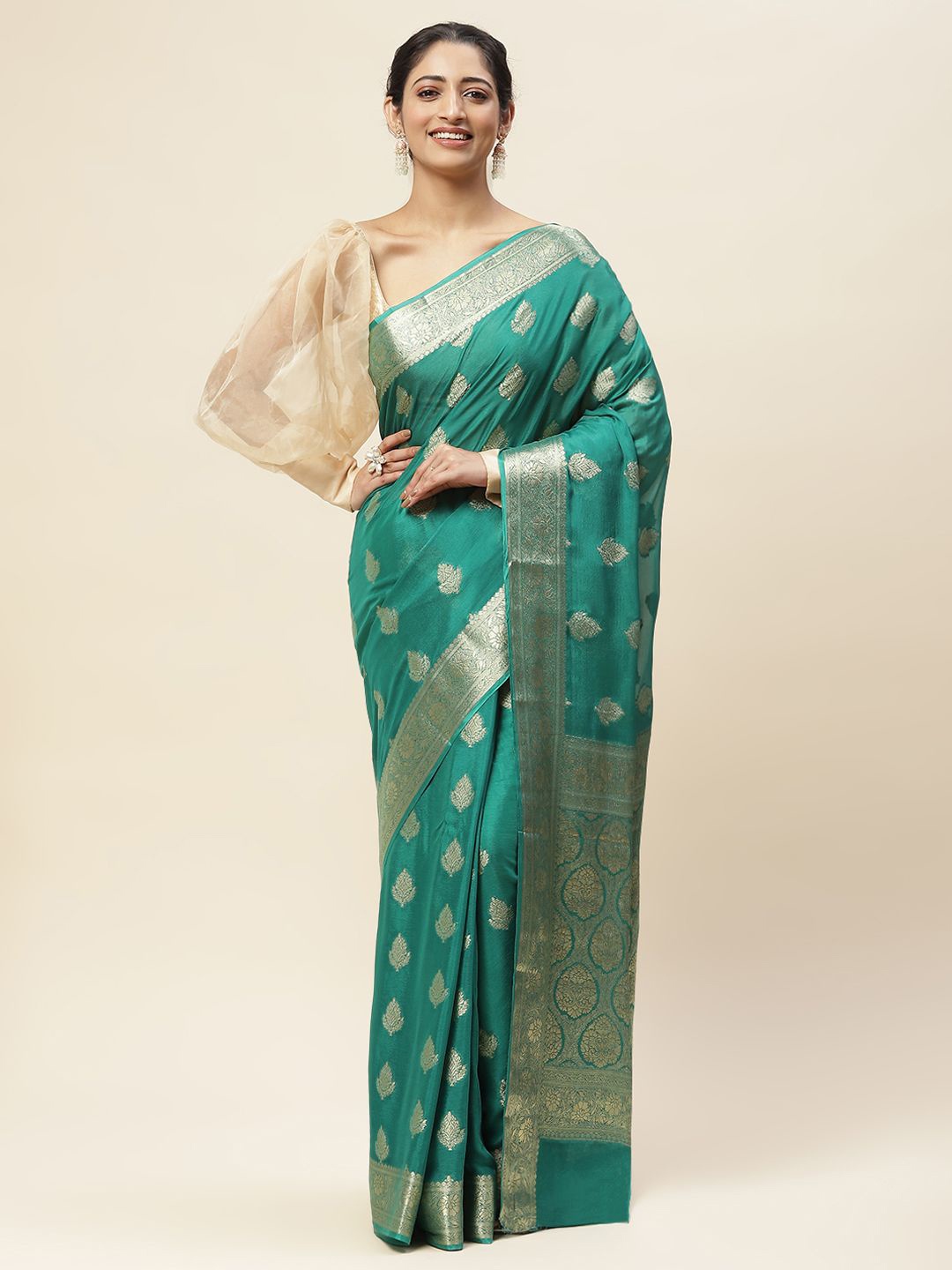 

Meena Bazaar Ethnic Motif Zari Woven Saree, Sea green