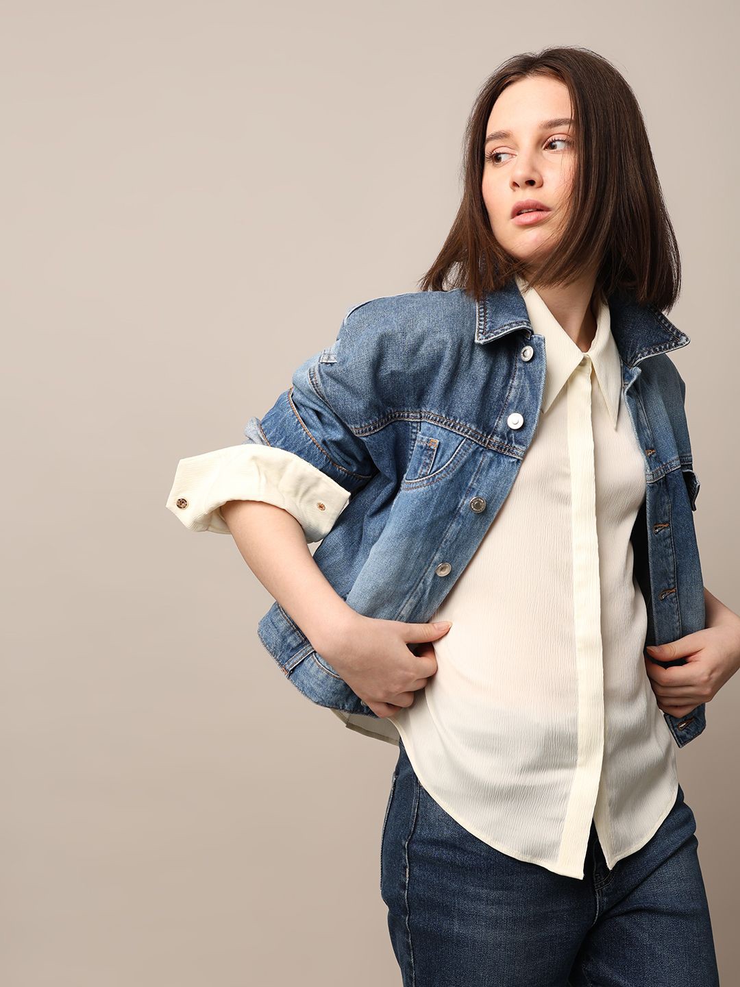 

ONLY Women Solid Spread Collar Casual Shirt, Cream