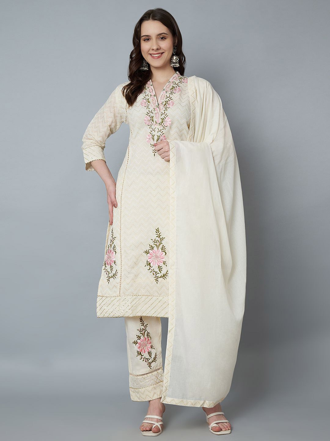 

Trend Level Embroidered Regular Thread Work Kurta With Trousers & Dupatta, Off white
