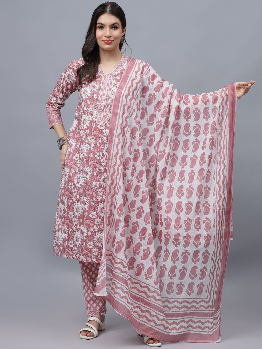 

ADAA JAIPUR Floral Printed Sequinned Pure Cotton Straight Kurta with Trousers & Dupatta, Pink