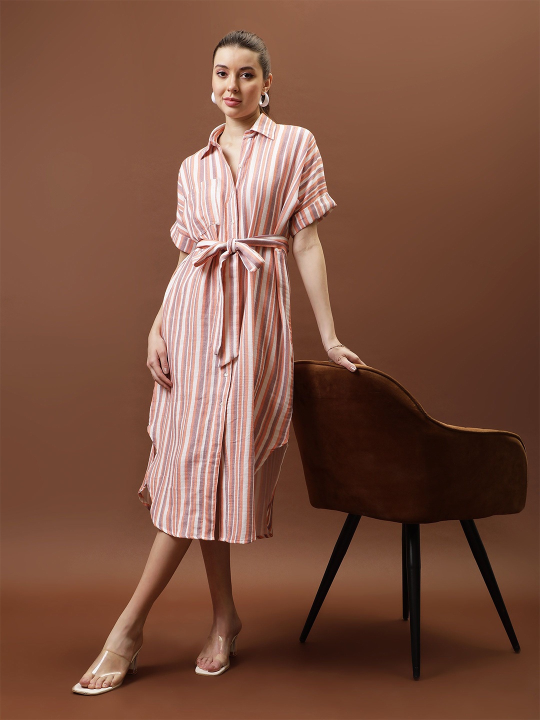 

Athena Immutable Striped Shirt Collar Midi Shirt Dress, Orange