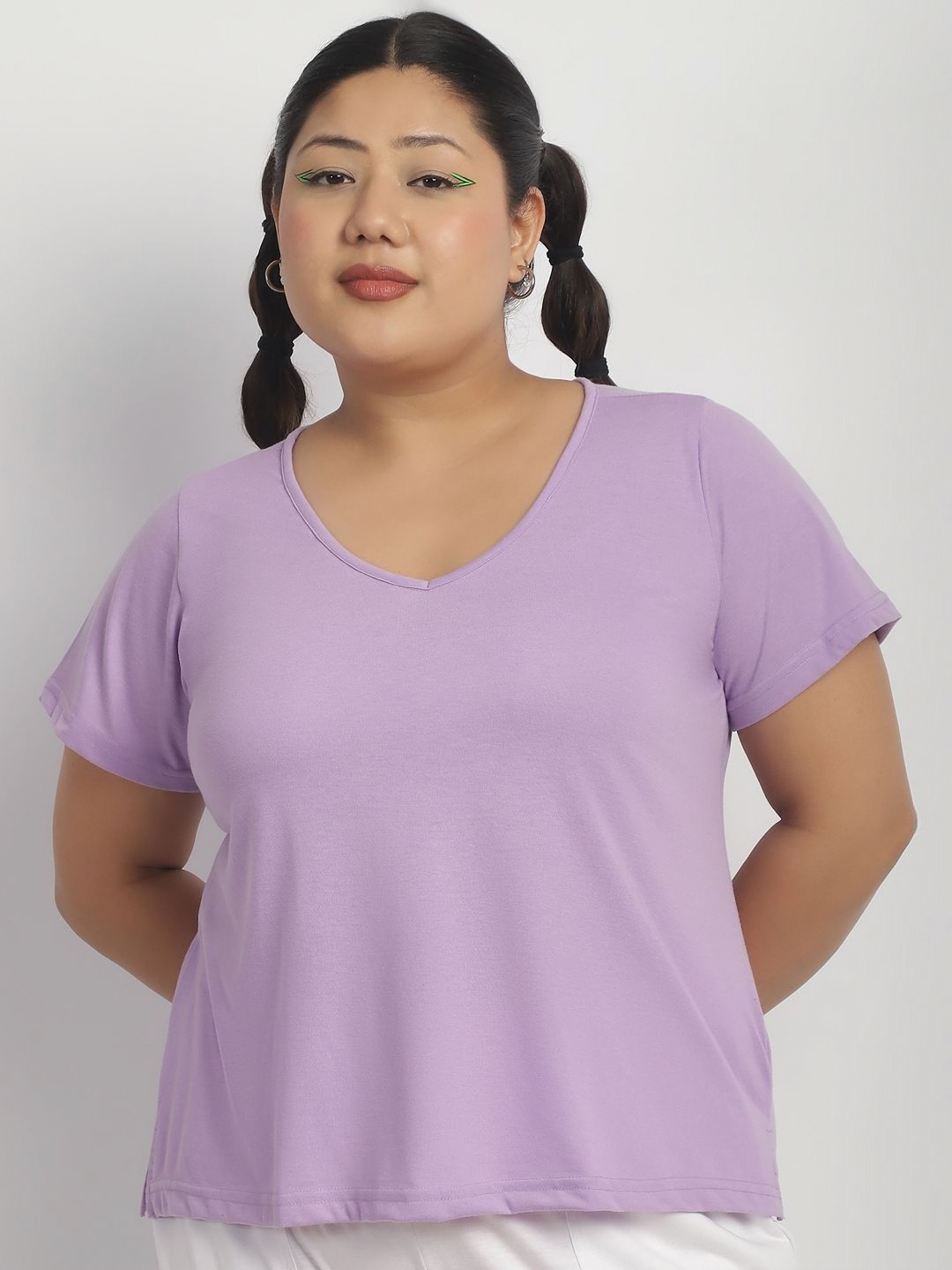 

thkgrlz Women Solid V-Neck Cotton T-shirt, Lavender