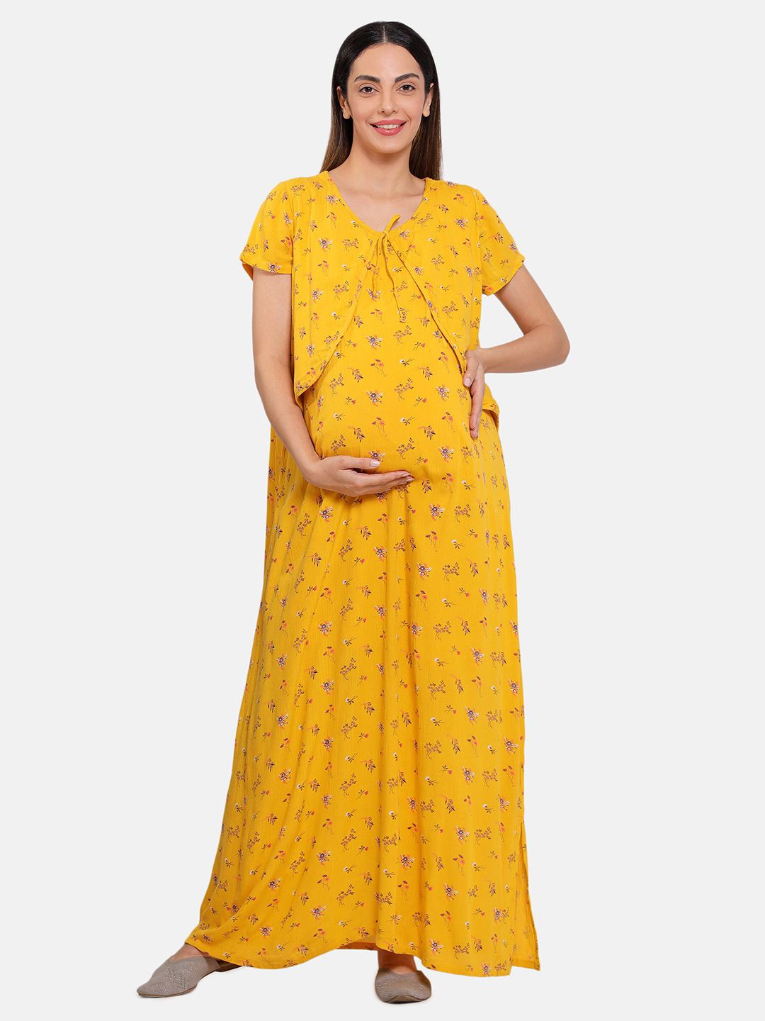 

MINI KLUB Round Neck Maternity A-line Maxi Dress, Yellow