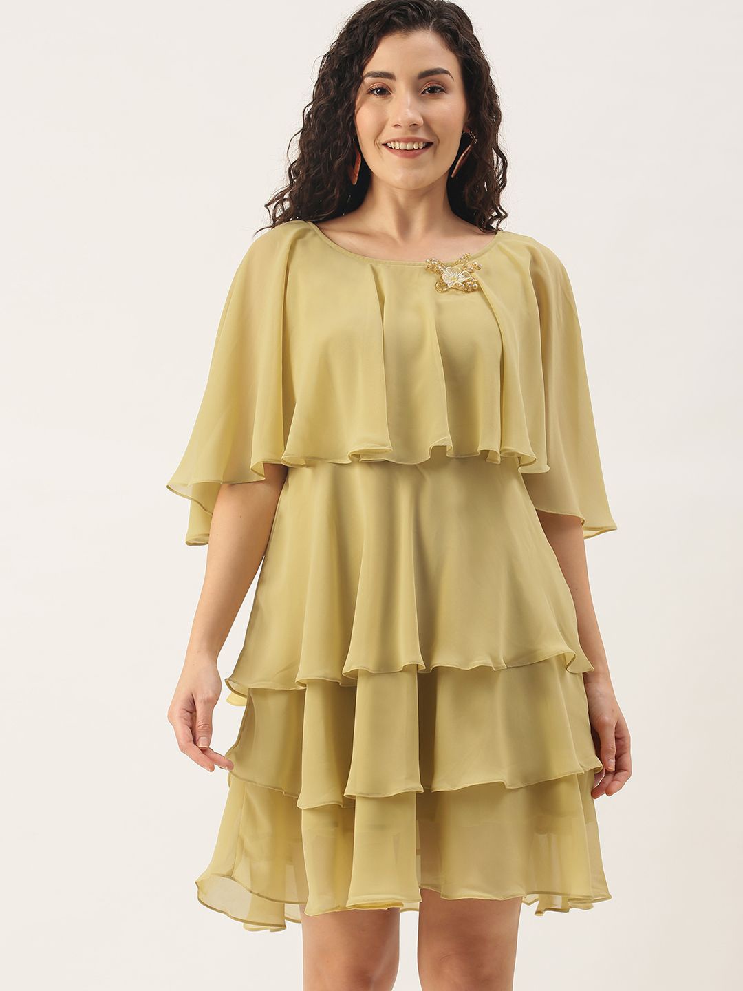 

SHECZZAR Cape Sleeve Georgette Layered A-Line Dress, Yellow