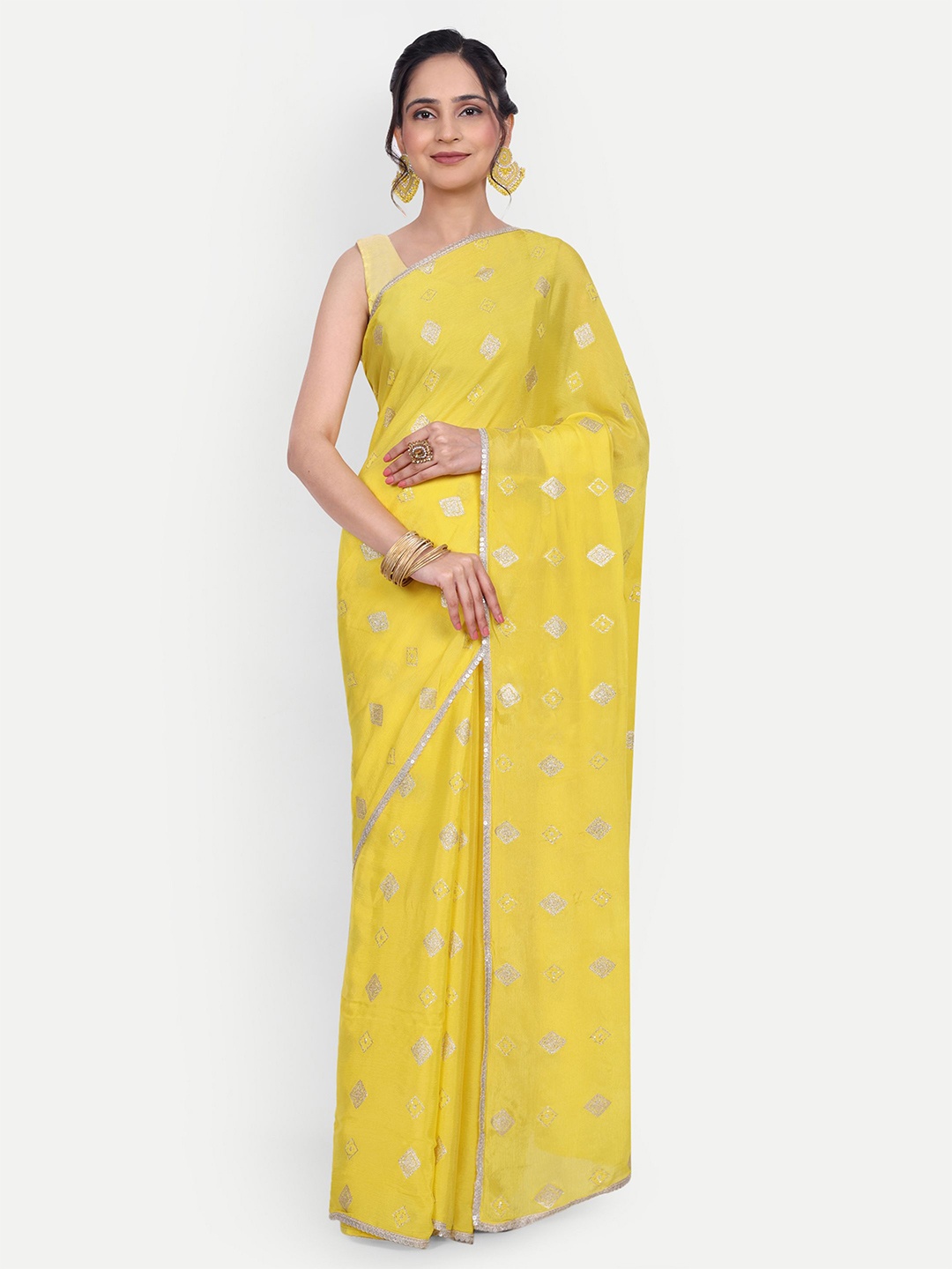 

LTS Label Tripti Saxena Embellished Zari Woven Pure Georgette Saree, Yellow