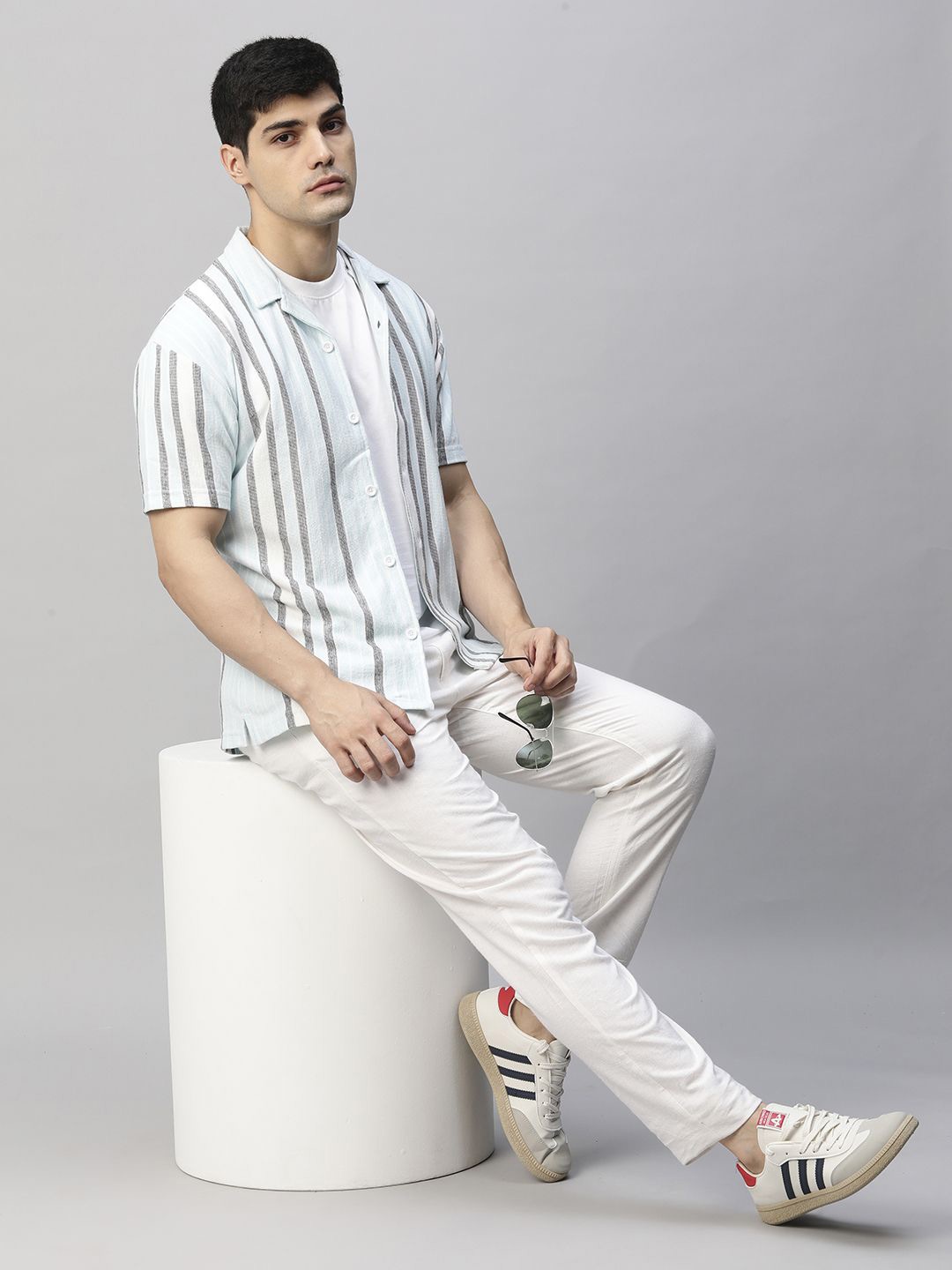 

PRONK Men Cuban Collar Vertical Striped Cotton Casual Shirt, Blue