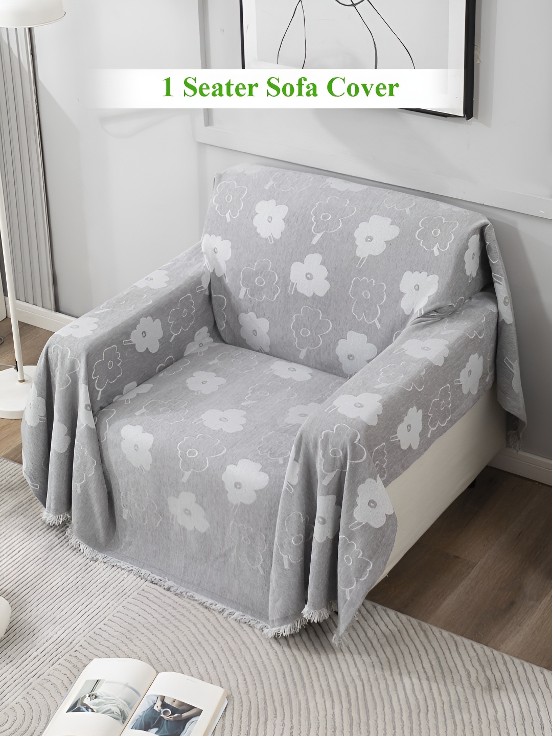 

HOKIPO Grey & White Floral Printed 1 Seater Sofa Throw