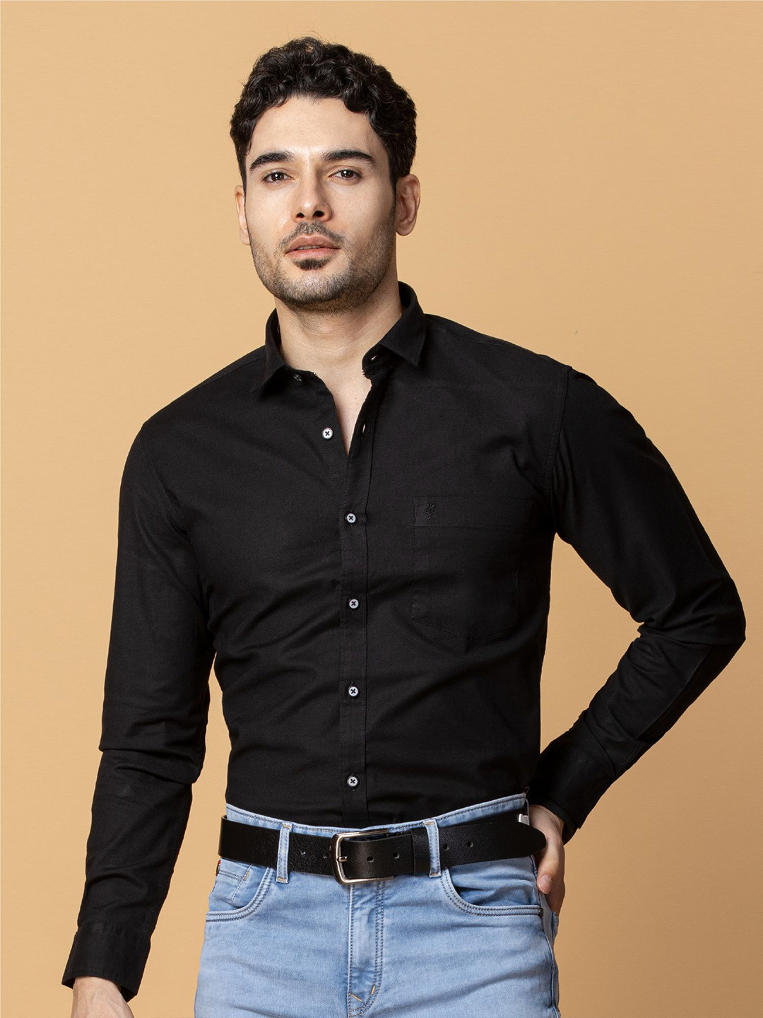 

Berkshire Men Comfort Spread Collar Solid Cotton Slim Fit Formal Shirt, Black