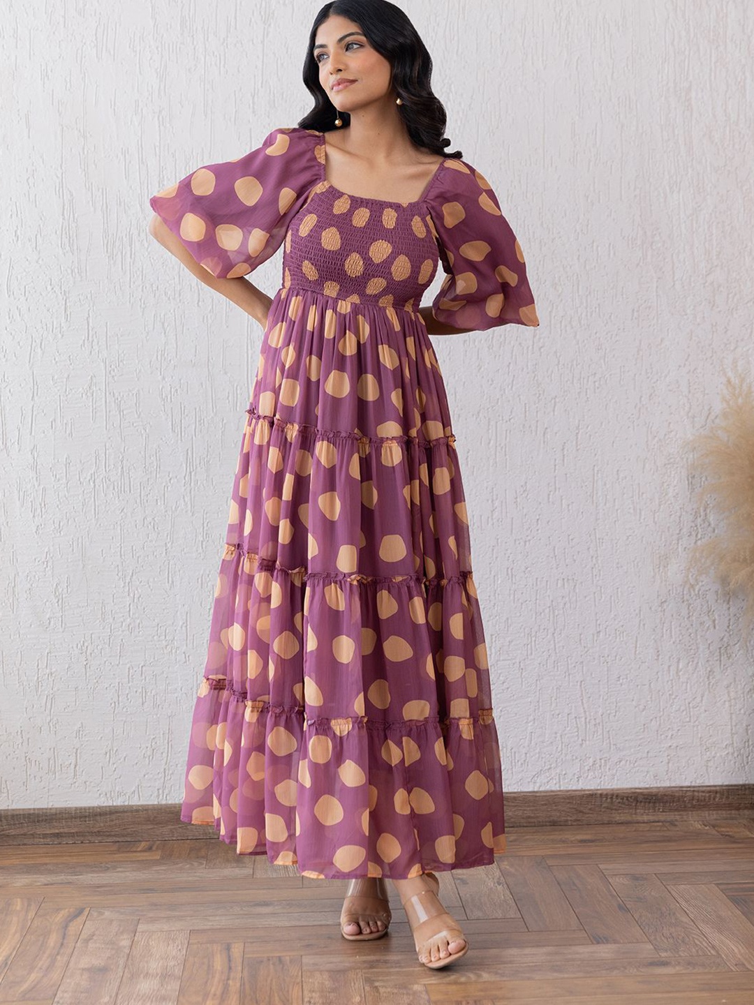 

Polago Clothing Polka Dot Printed Flared Sleeve Georgette Tiered Empire Maxi Dress, Pink