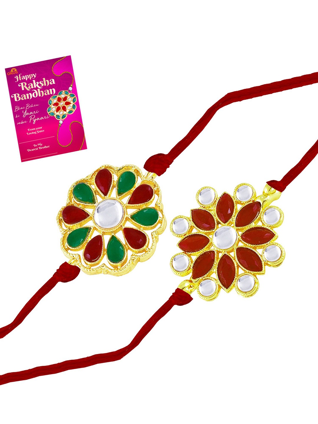 

Okos Set Of 2 Gold Plated Kundan Studded Thread Rakhis With Greeting Card