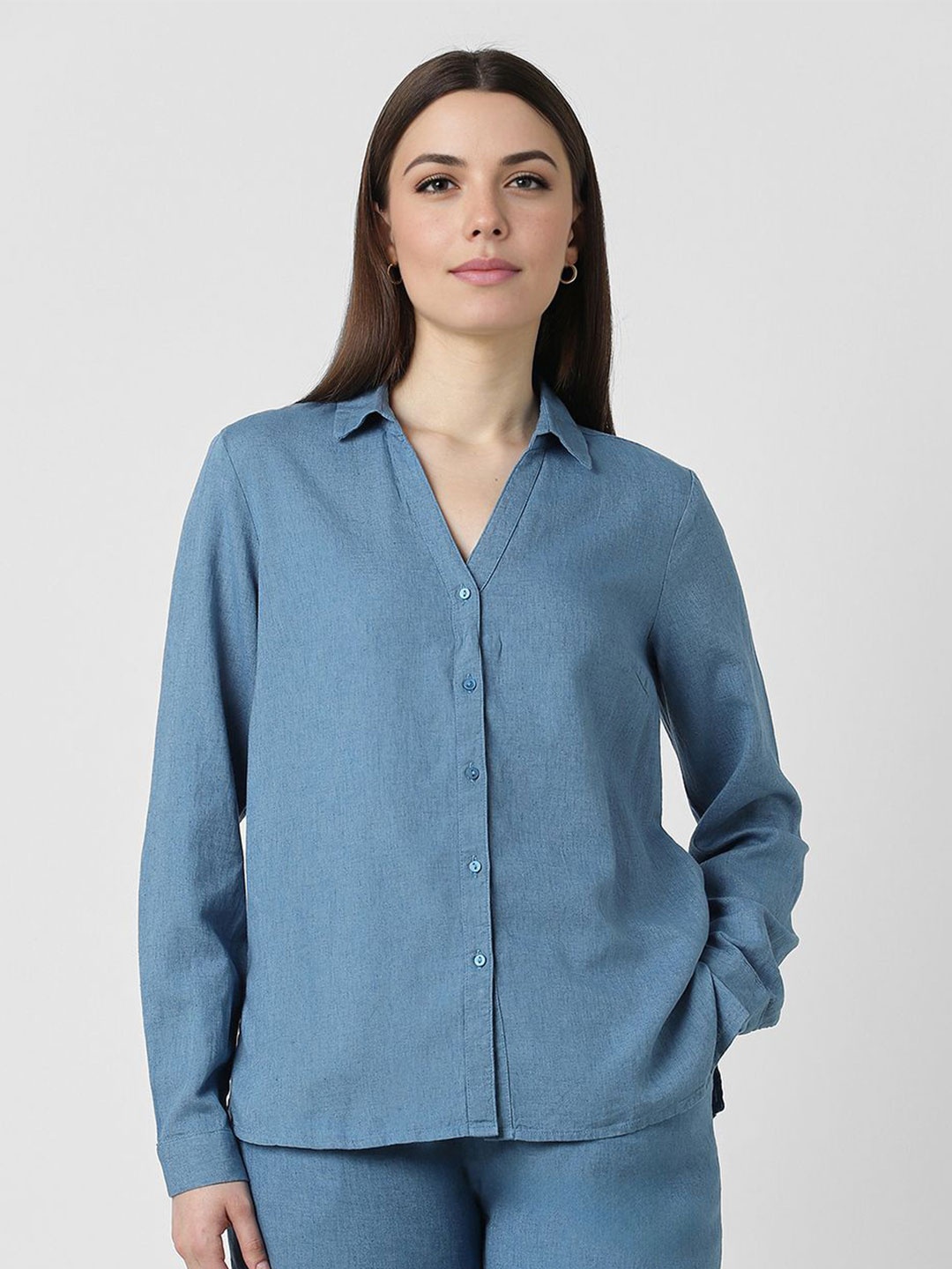 

Van Heusen Woman Women Spread Collar Solid Modal Casual Shirt, Blue