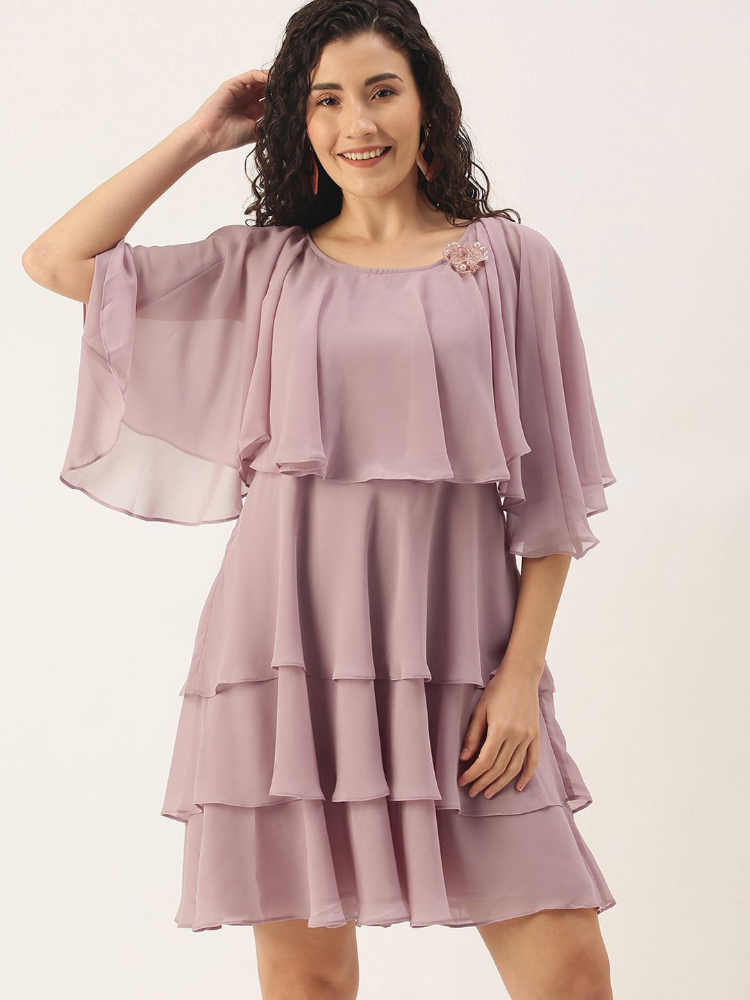 

SHECZZAR Cape Sleeve Georgette Fit & Flare Dress, Pink
