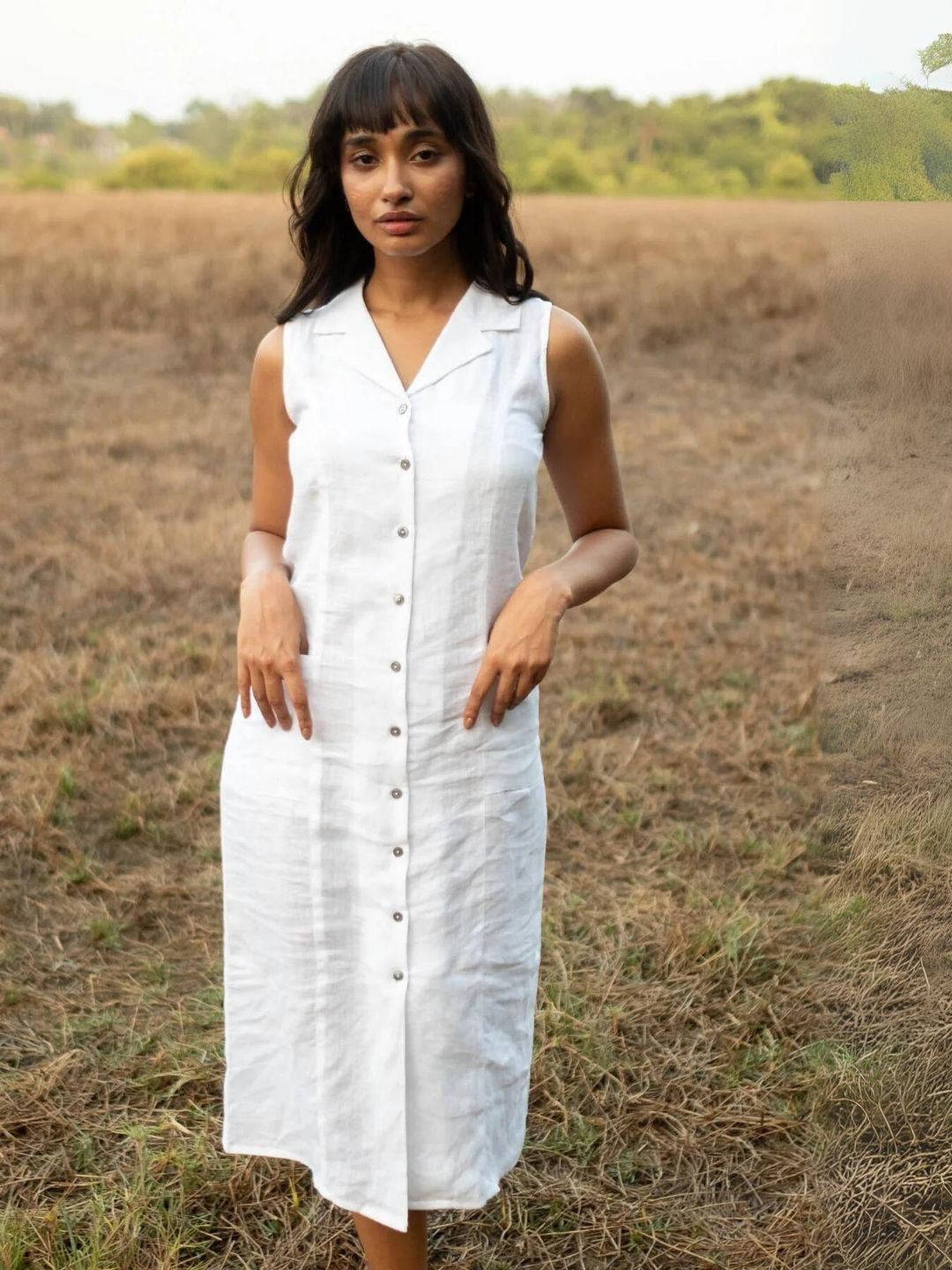 

Creatures of Habit Women Linen Notch Collar Dress, White