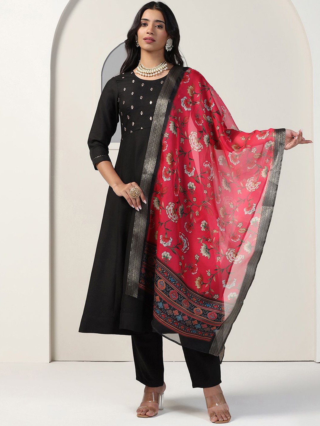 

FASHION DREAM Embroidered Sequinned Anarkali Kurta with Salwar & Dupatta, Black