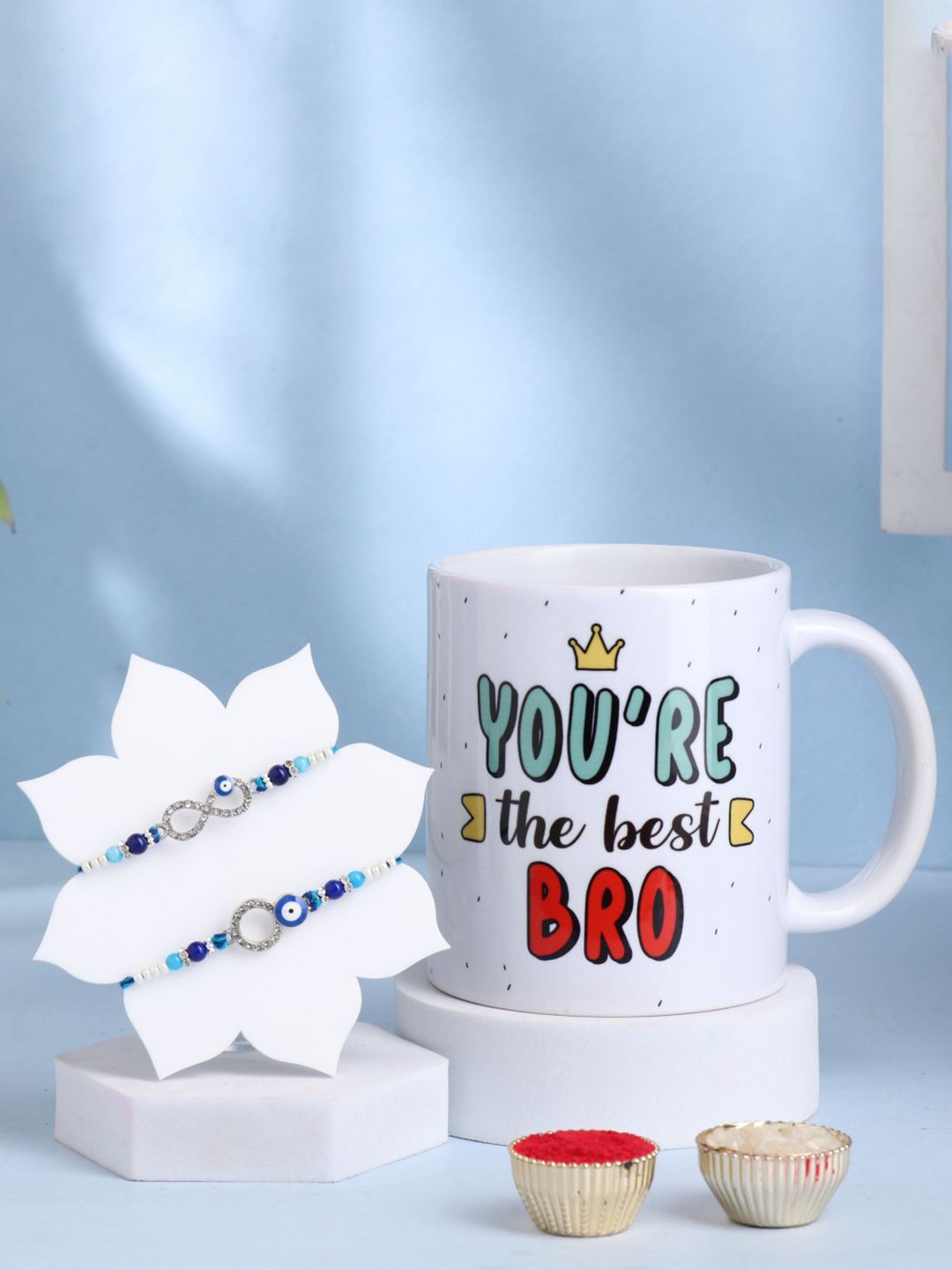 

Floweraura Set of 3 Beaded Evil Eye Rakhis with Coffee Mug & Roli Chawal, Blue