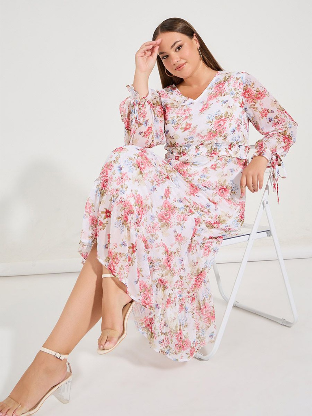 

Styli Women Plus Size Floral Printed Long Sleeves Tiered Maxi Dress, White