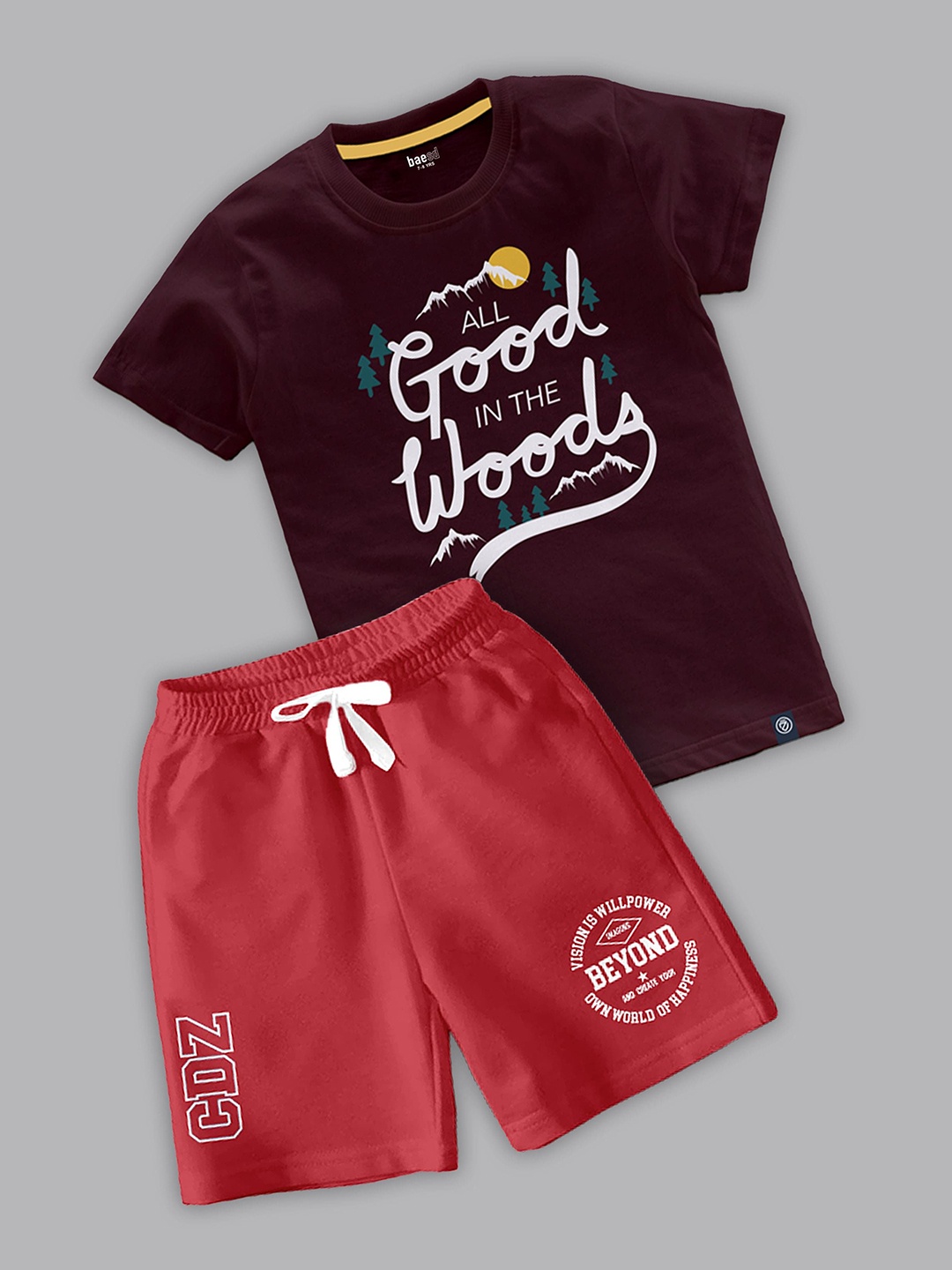 

BAESD Boys Printed Round Neck T-shirt with Shorts, Maroon