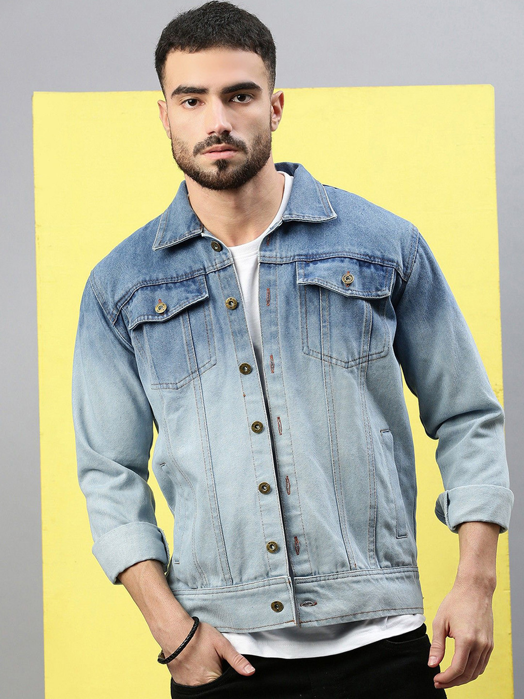 

VOXATI Men Washed Denim Jacket with Patchwork, Multi