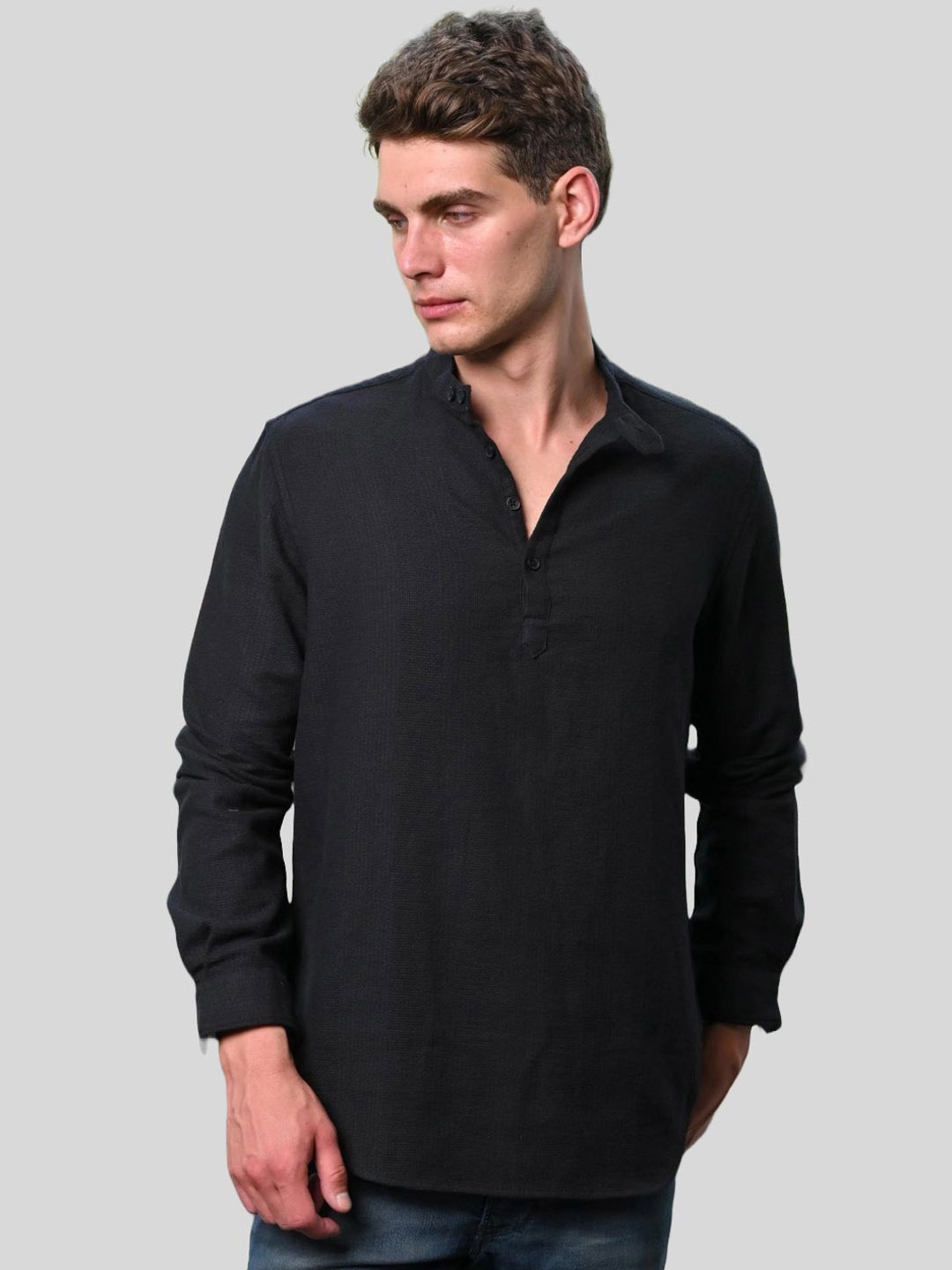 

EdinWolf Mandarin Collar Long Sleeves Cotton Short Kurta, Black