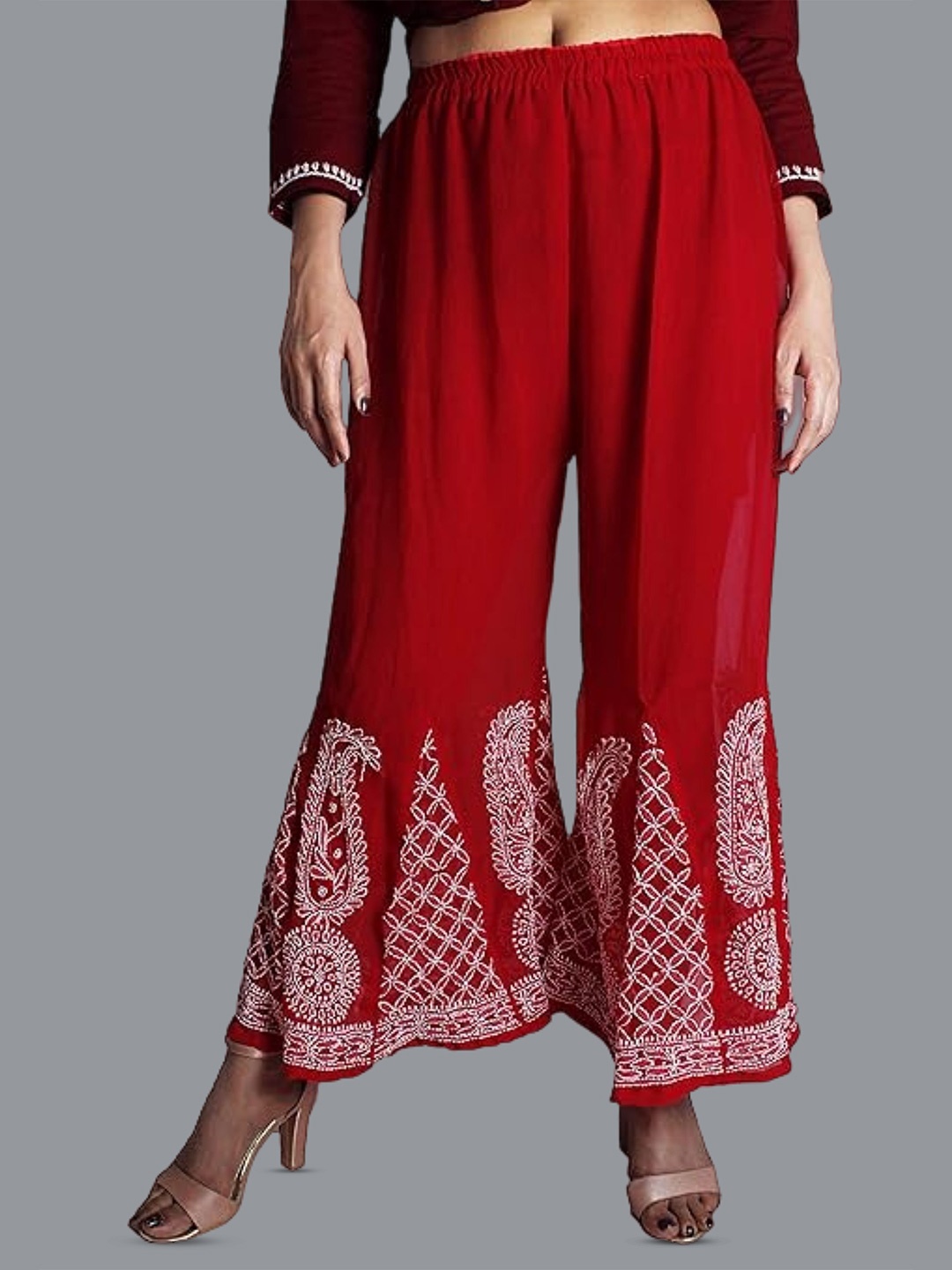 

KHAKA Women Paisley Embroidered Flared Palazzos, Red