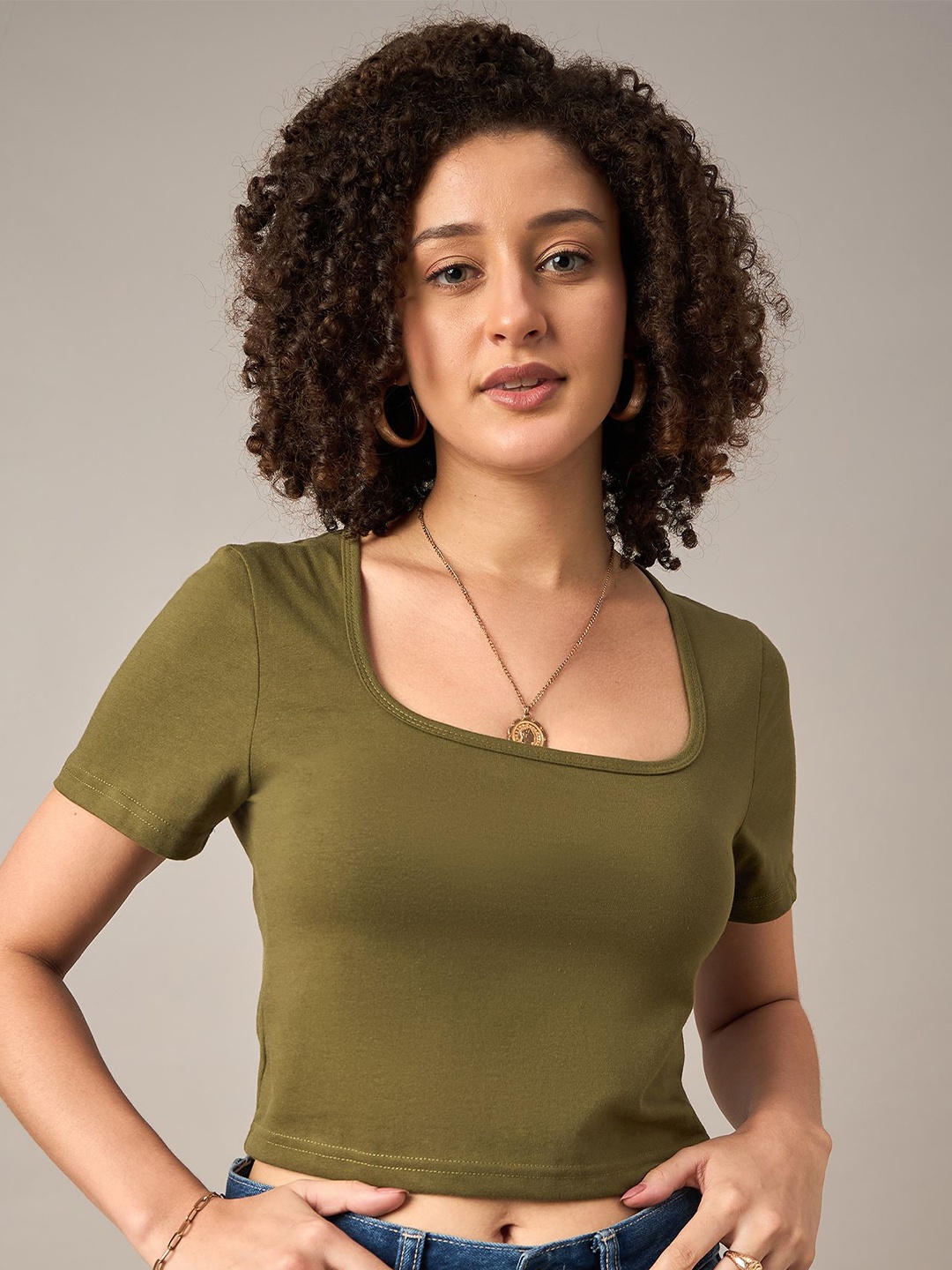 

The Roadster Lifestyle Co Cotton Crop T-Shirt, Olive