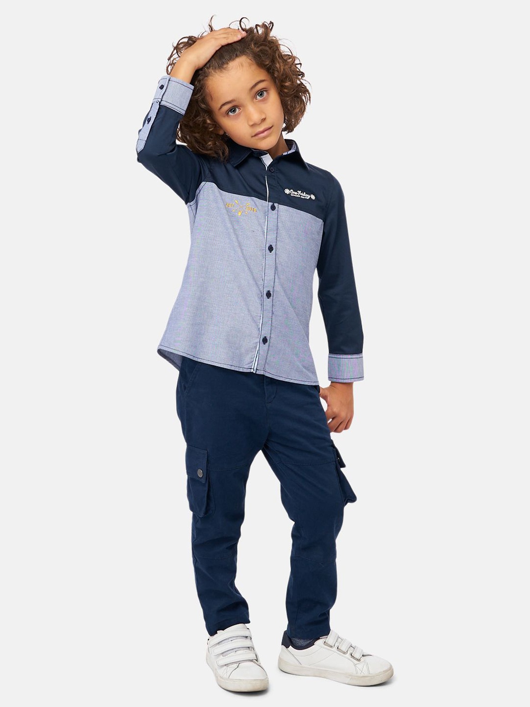 

One Friday Boys Comfort Colourblocked Pure Cotton Casual Shirt, Navy blue