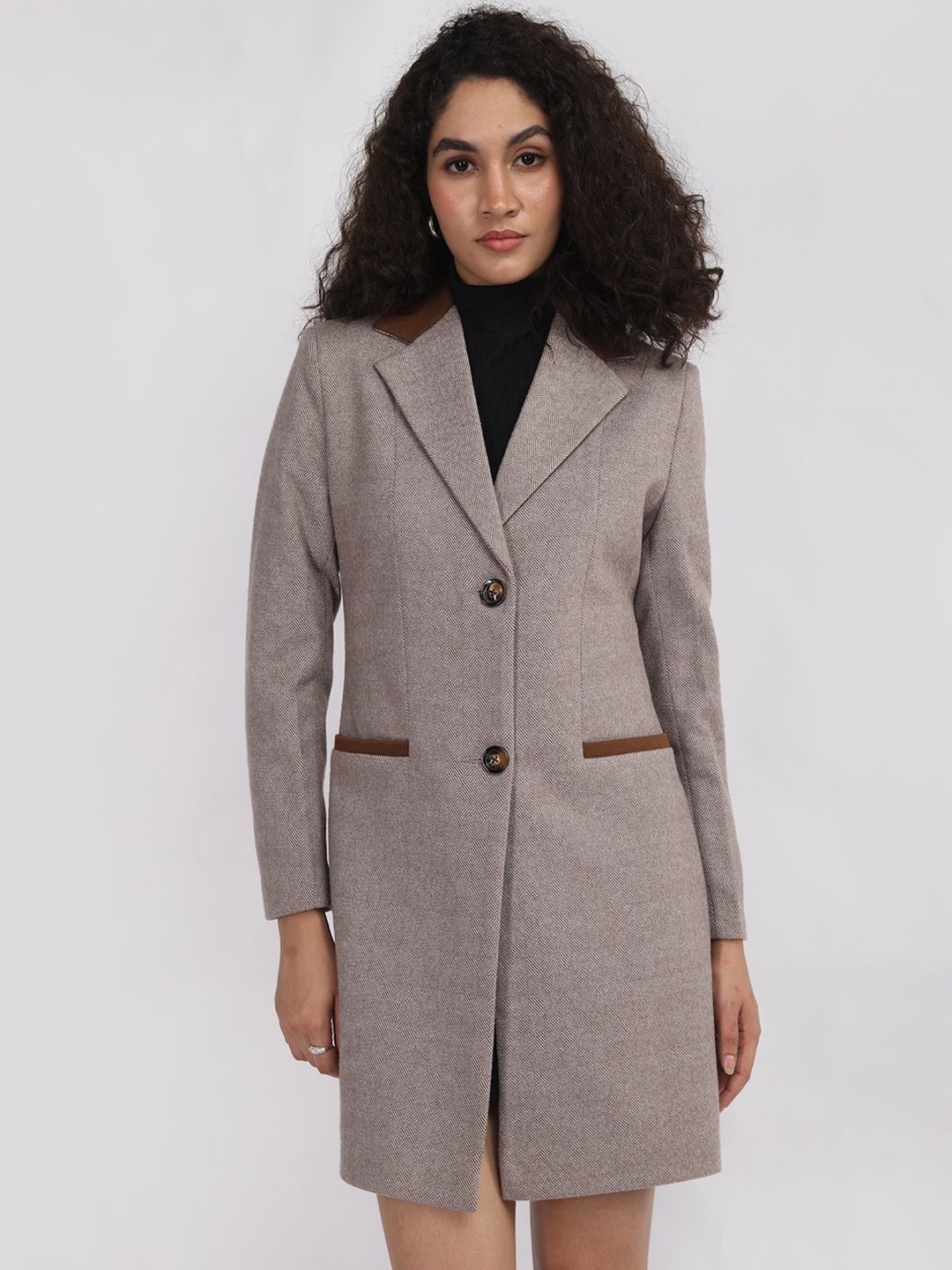 

Plagg Women Textured Single-Breasted Overcoat, Brown