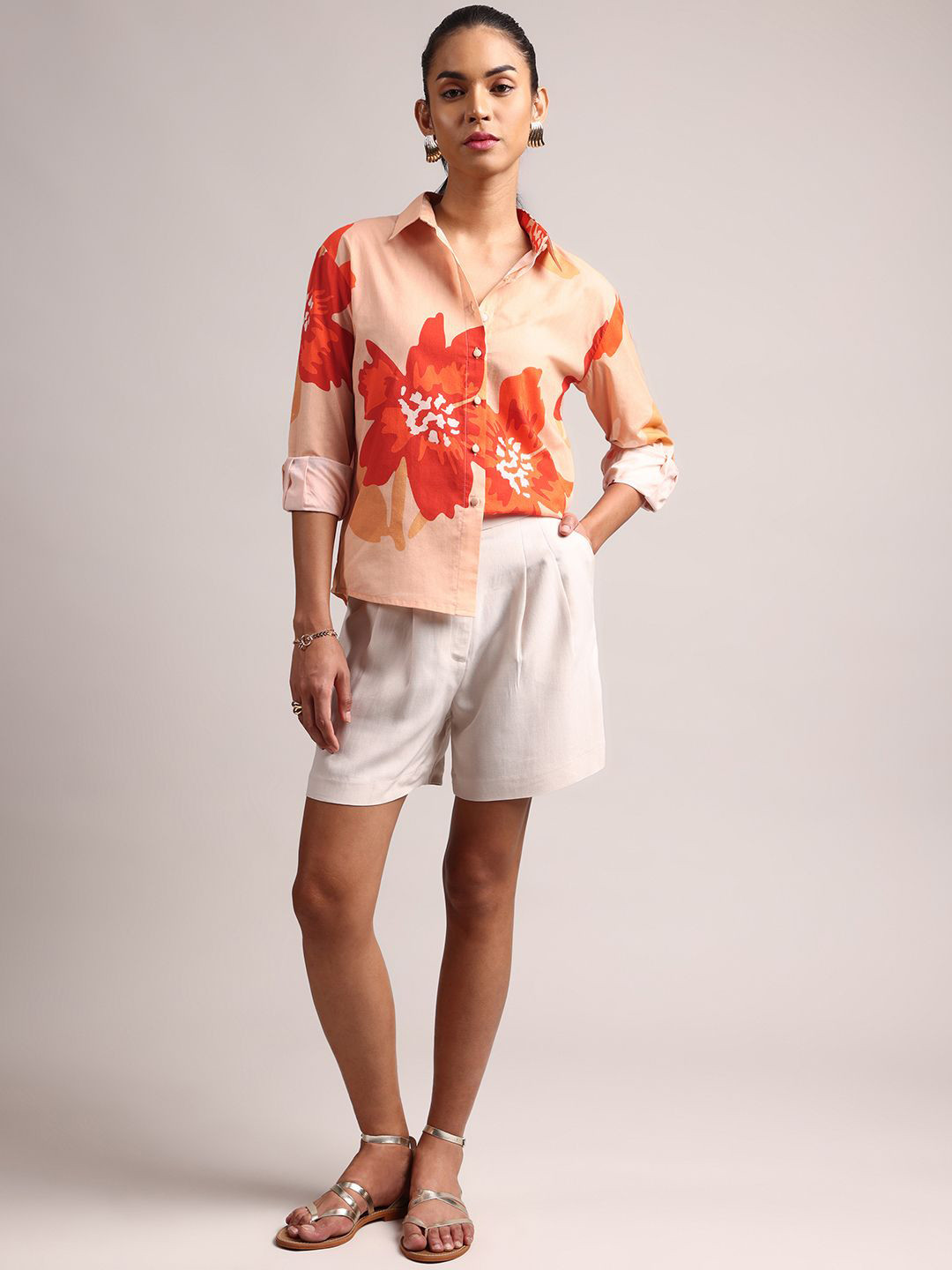 

ZACCAI Floral Print Cotton Shirt Style Top, Peach