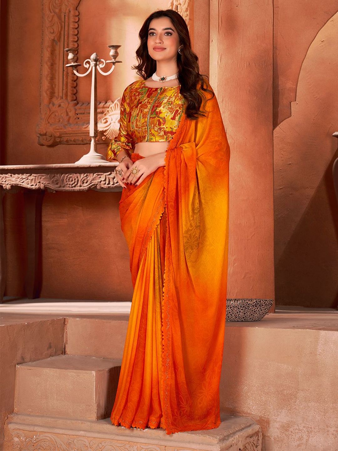 

Mitera Ethnic Motifs Beads and Stones Saree, Orange