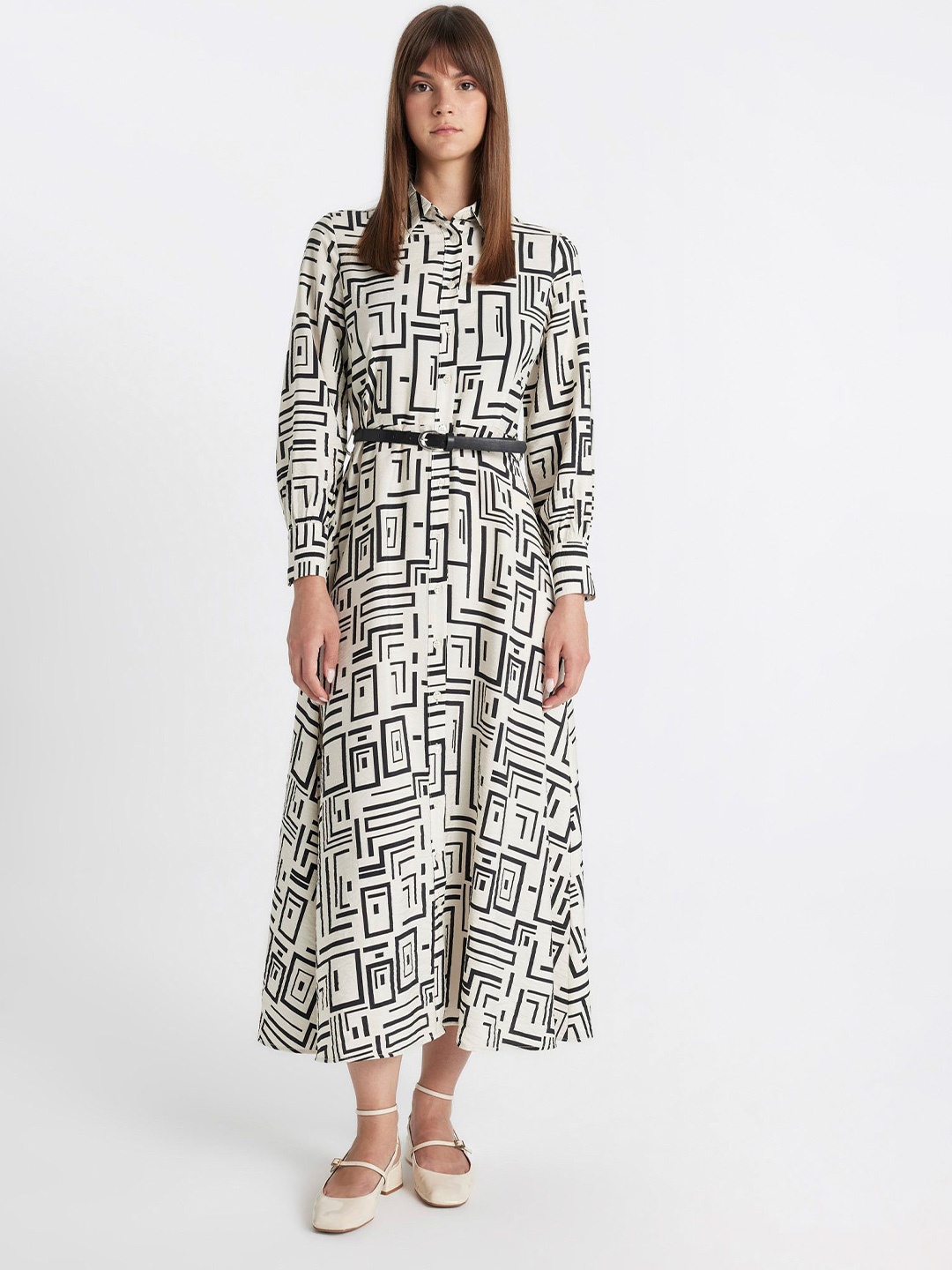 

DeFacto Printed Shirt Midi Dress, White