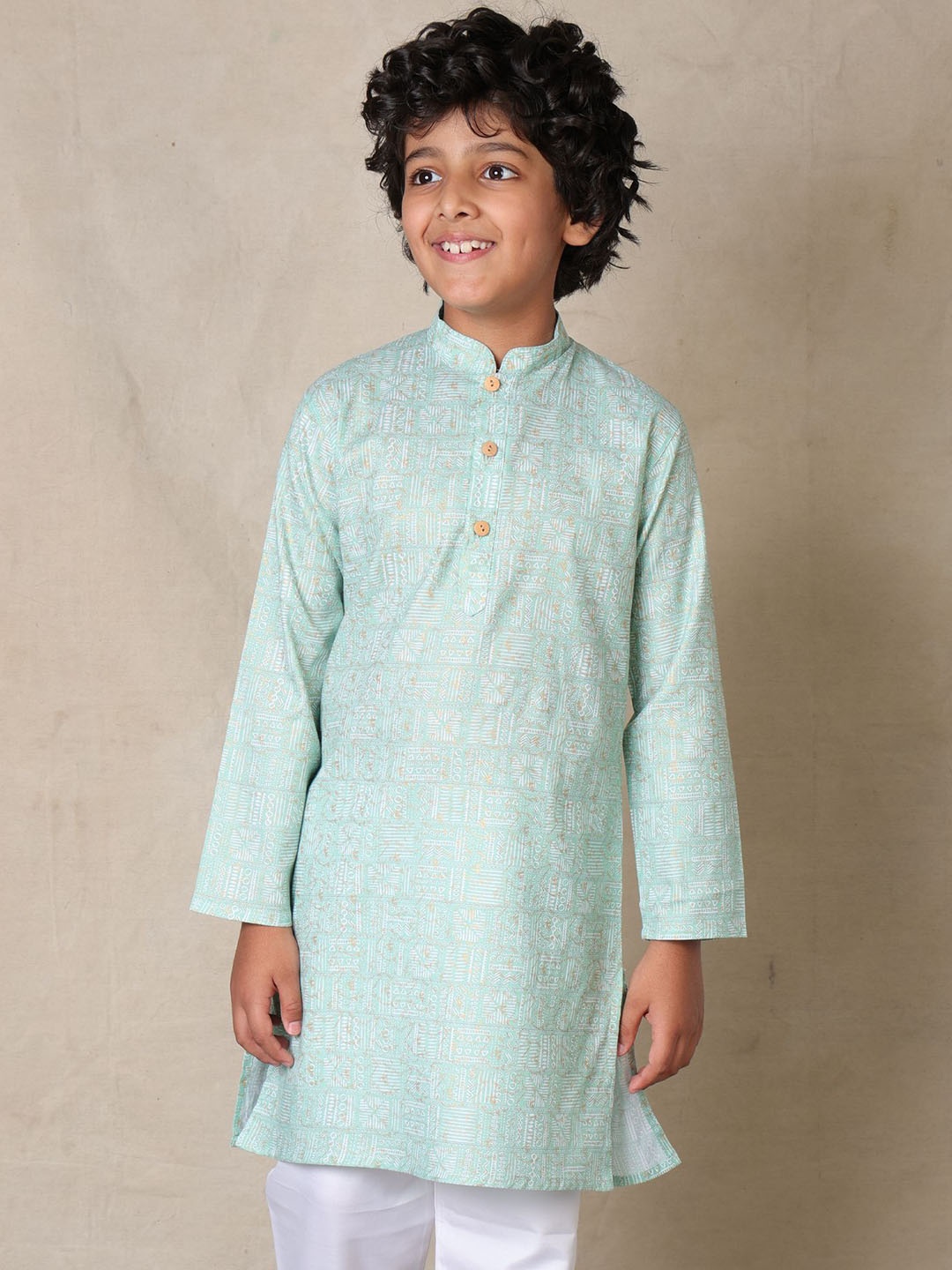 

Anthrilo Boys Abstract Printed Band Collar Pure Cotton Straight Kurta, Blue