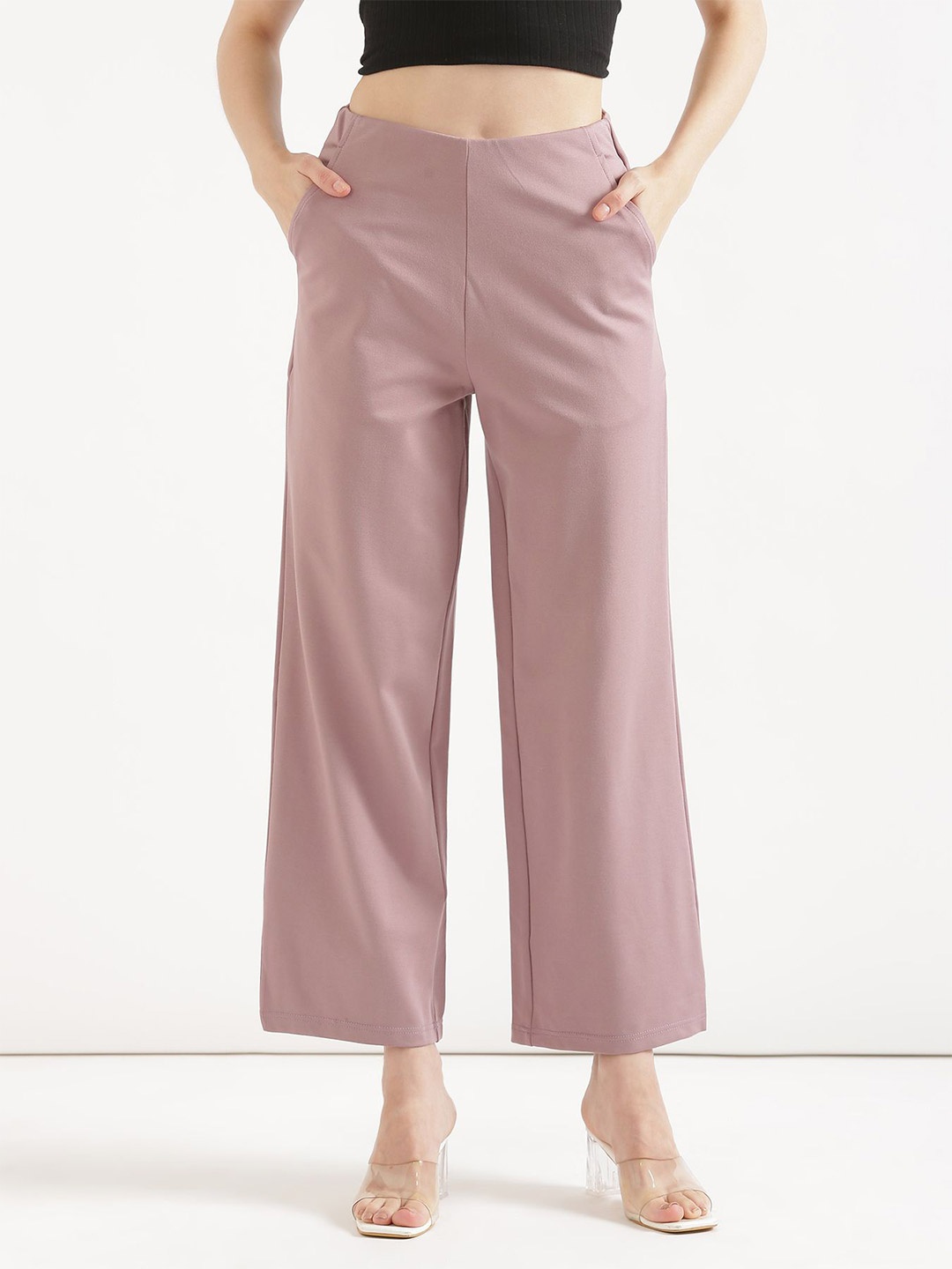

SAADAA Women Straight Fit High-Rise Trousers, Pink