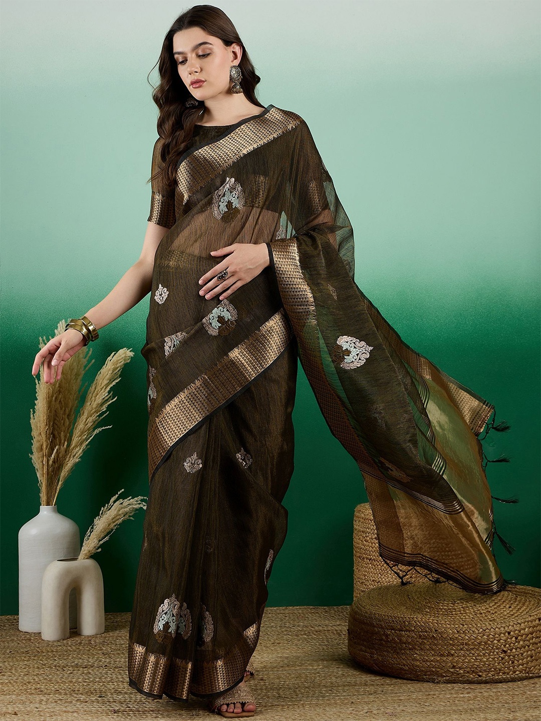 

VIRICA Ethnic Motifs Zari Organza Khadi Saree, Green