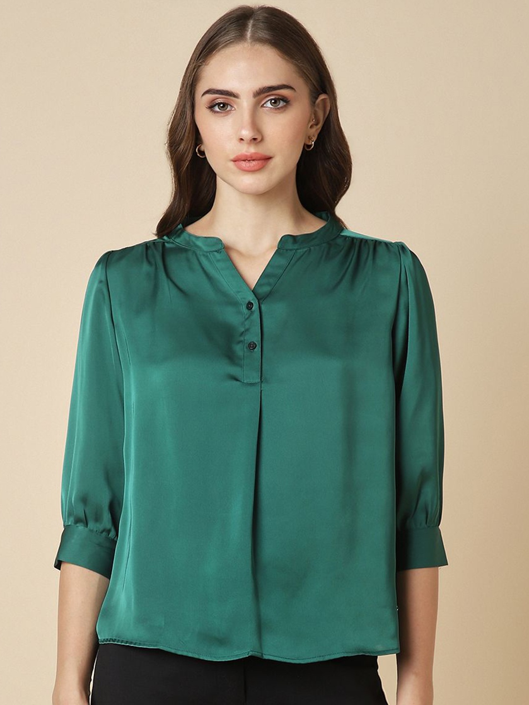 

Allen Solly Woman Mandarin Collar Shirt Style Top, Green