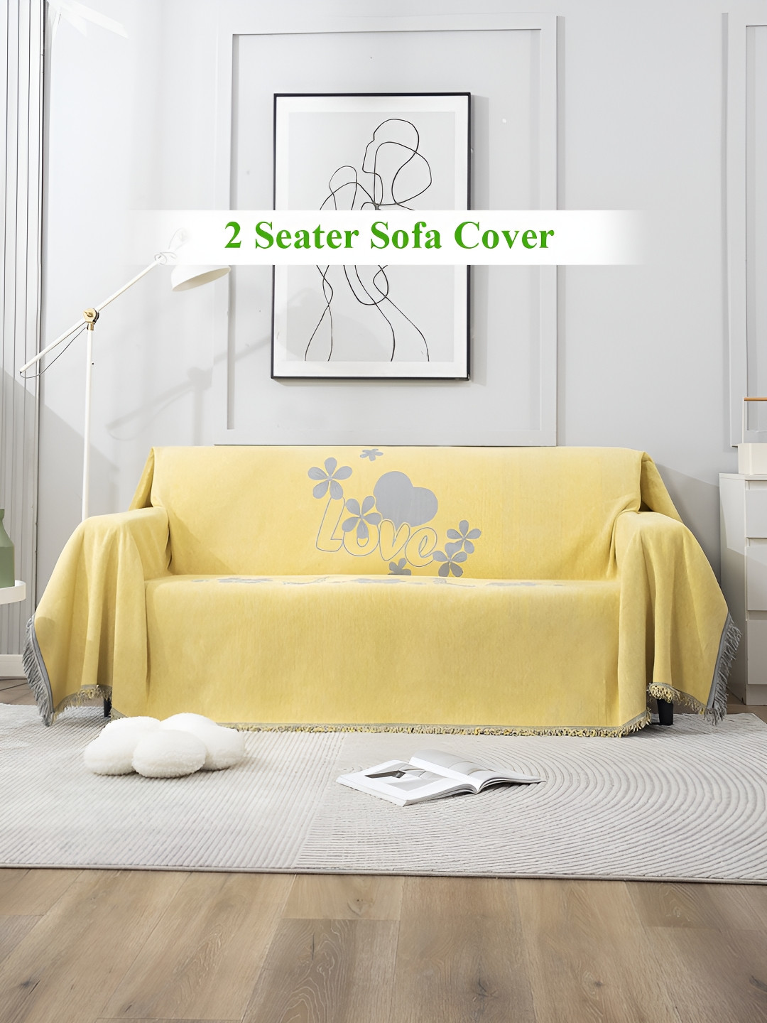

HOKIPO Yellow & Grey Printed Cotton Chenille 2 Seater Sofa Throw