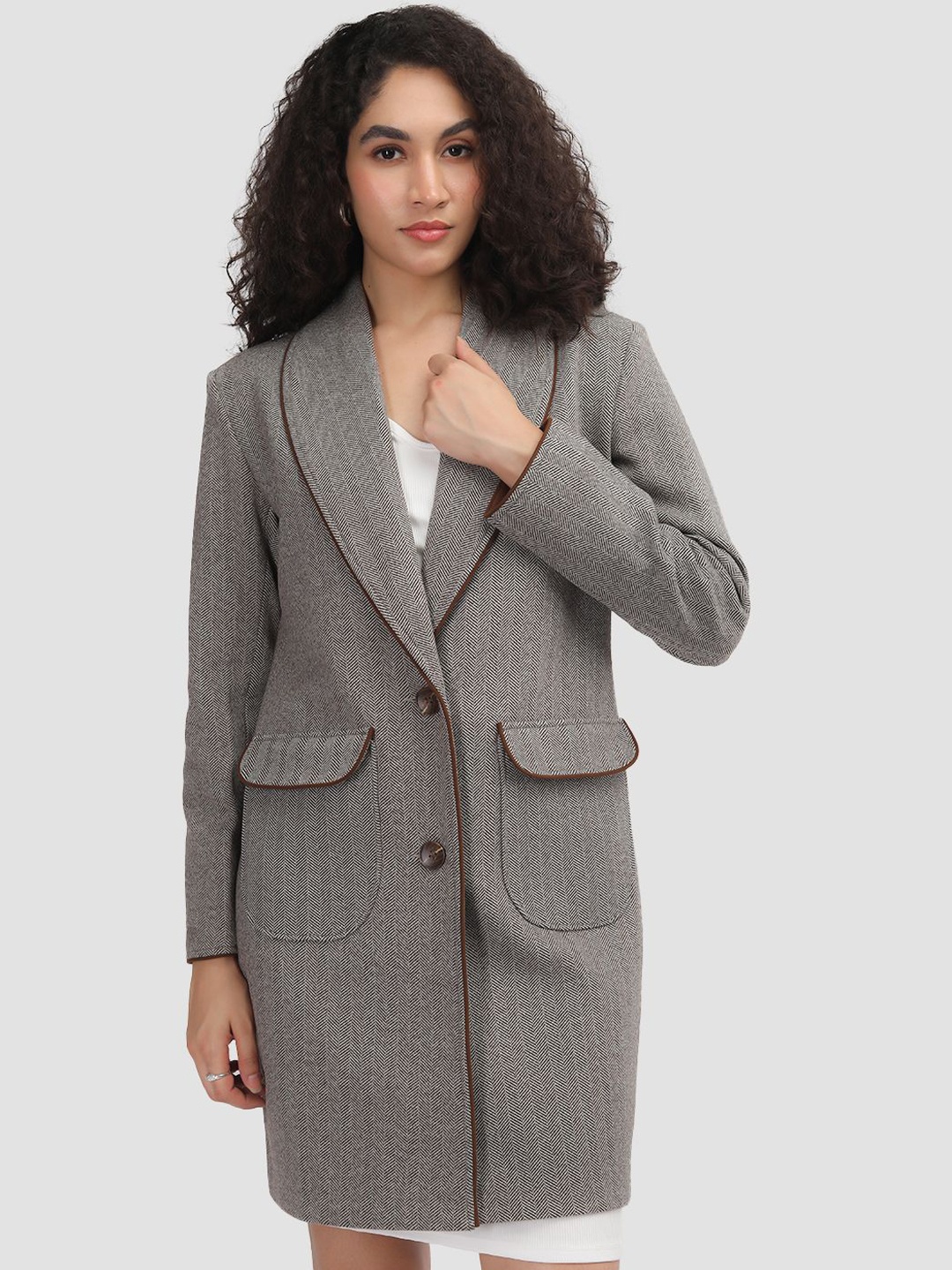 

Plagg Women Textured Single-Breasted Overcoat, Brown
