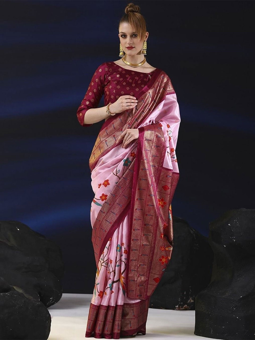 

Sitanjali Floral Zari Chanderi Saree, Pink