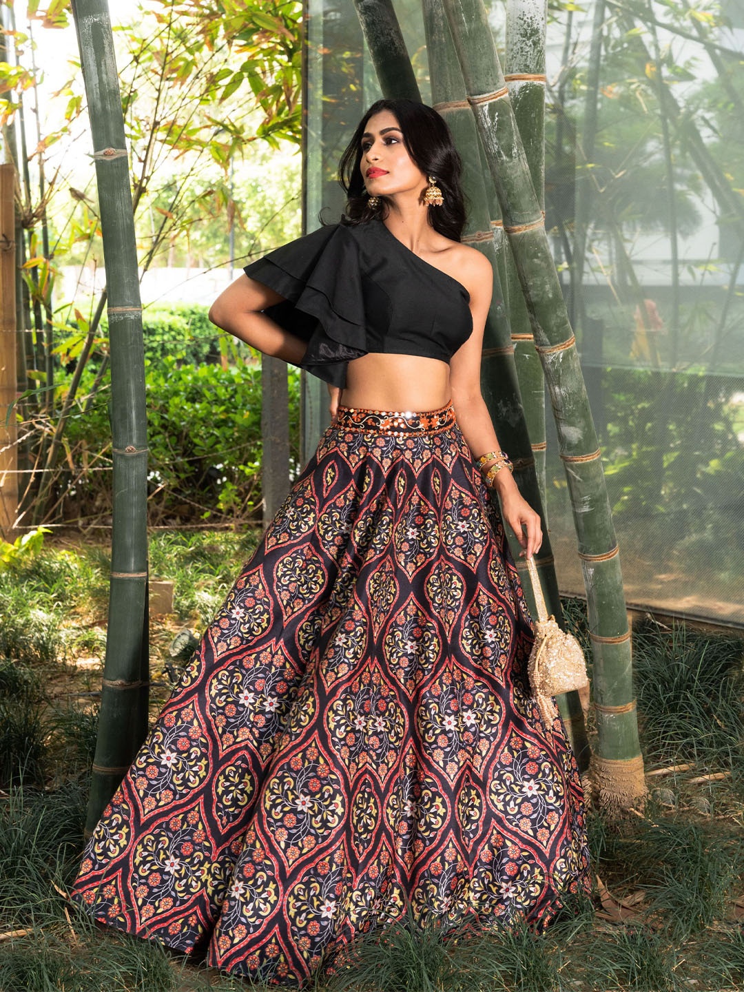 

Rashika Sharma Printed Mirror Work Ready To Wear Lehenga Choli, Black