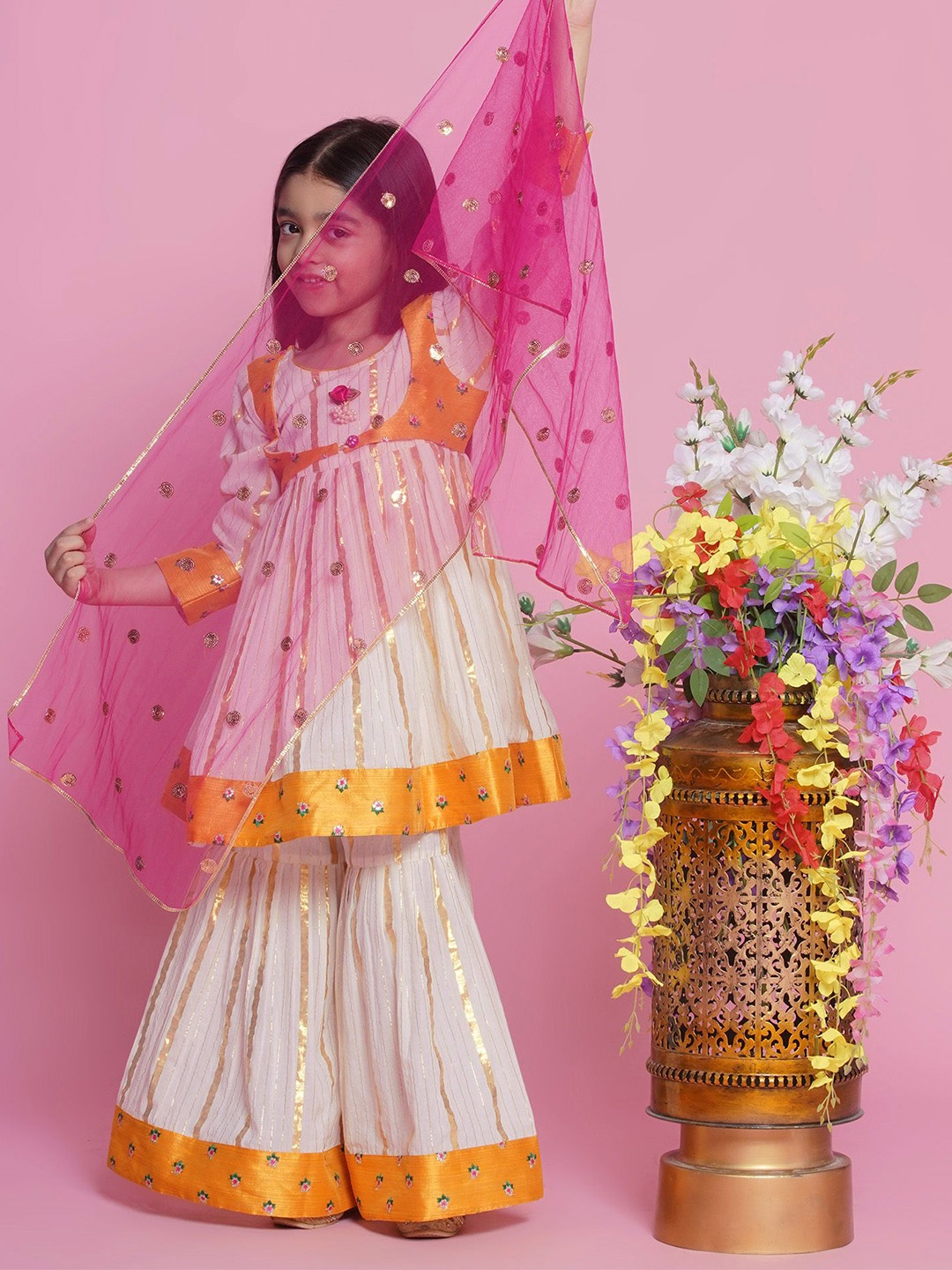 

Little Bansi Girls Embroidered Pure Cotton Anarkali Kurta with Sharara & Dupatta, Cream