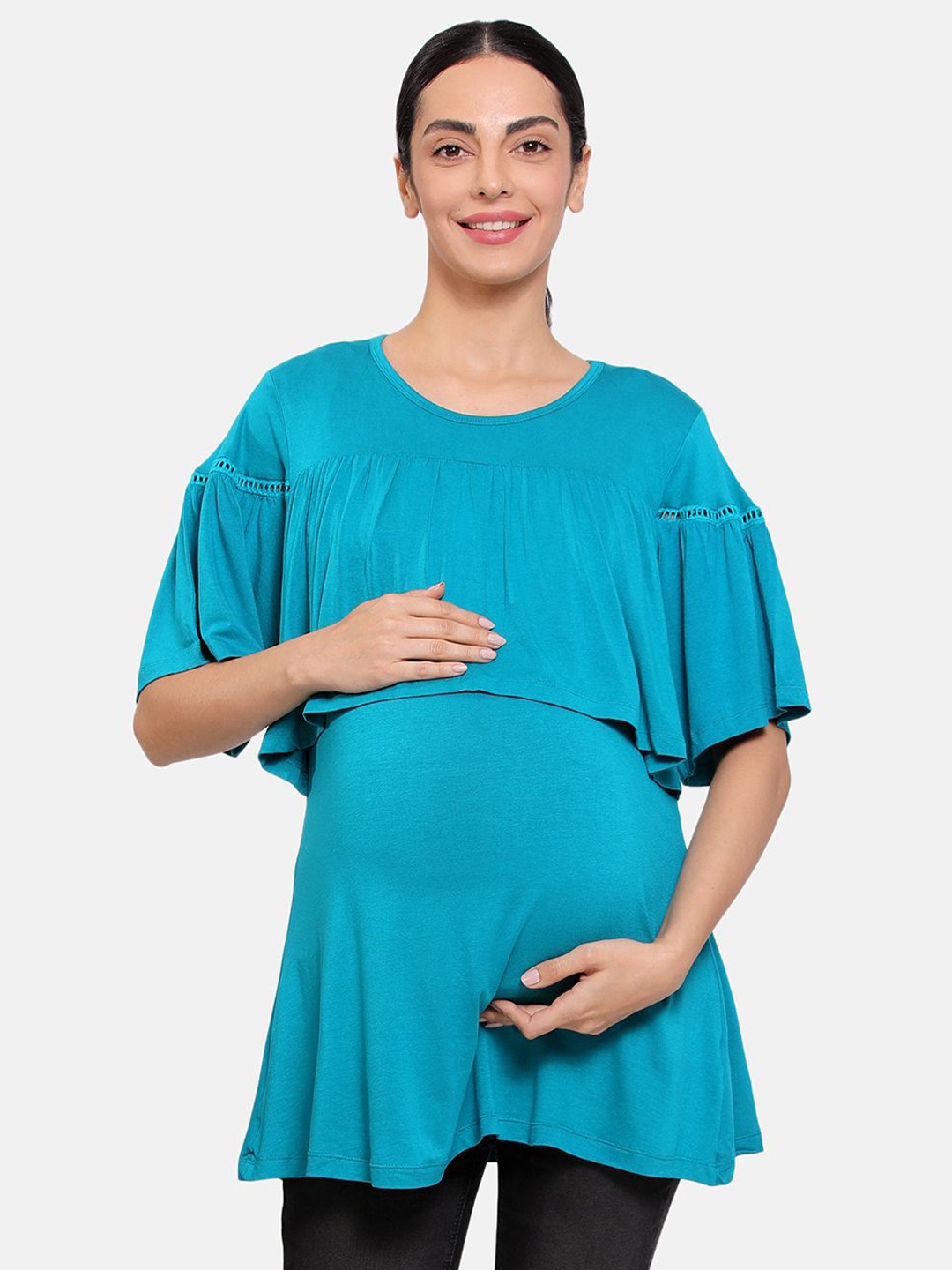 

MINI KLUB Women Flared Sleeves Gathered Detail A-Line Longline Maternity Top, Teal