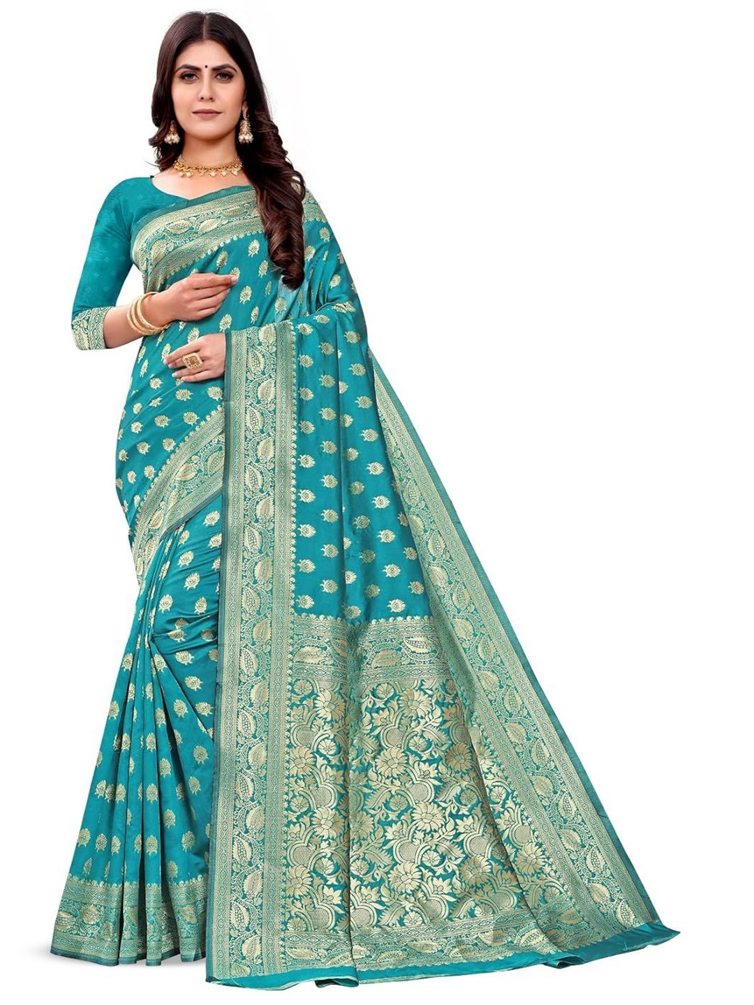 

LEAFFEB Woven Design Zari Pure Silk Banarasi Saree, Teal