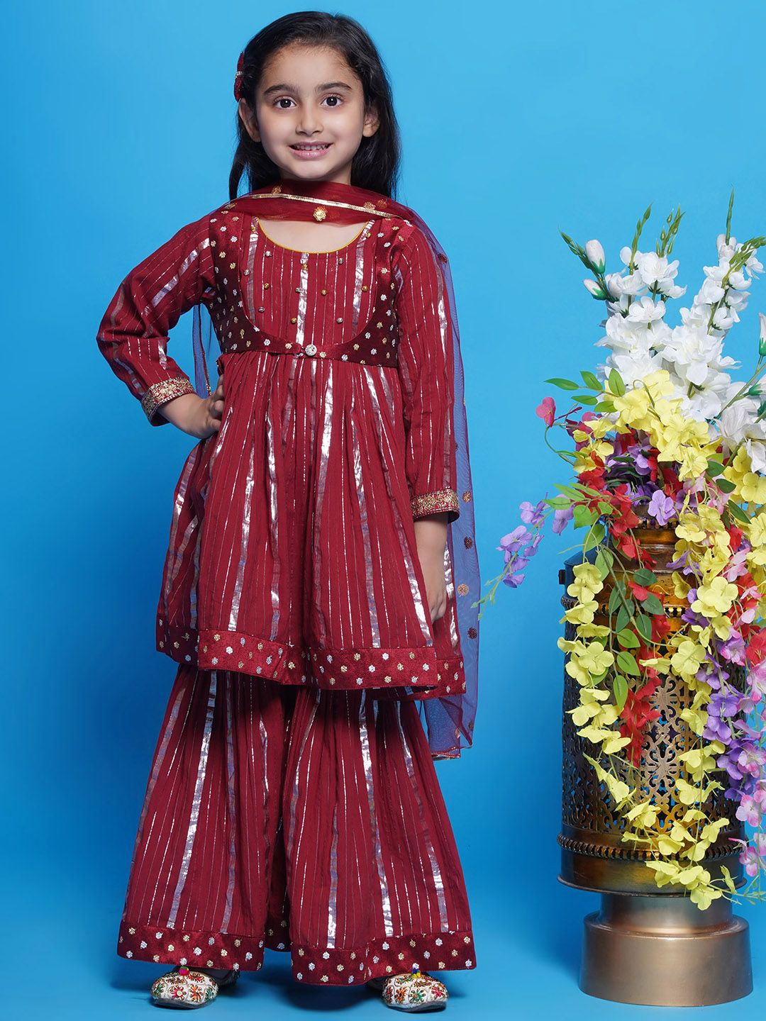 

Little Bansi Girls Striped Pure Cotton A-Line Kurta With Sharara & Dupatta, Maroon