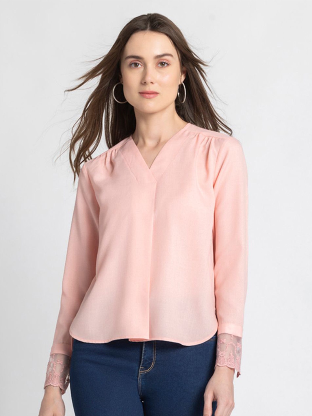 

SHAYE Women Solid V-Neck Shirt Style Top, Peach