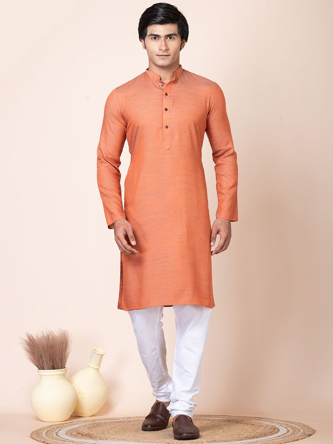 

HU - Handcrafted Uniquely Mandarin Collar Straight Kurta, Peach