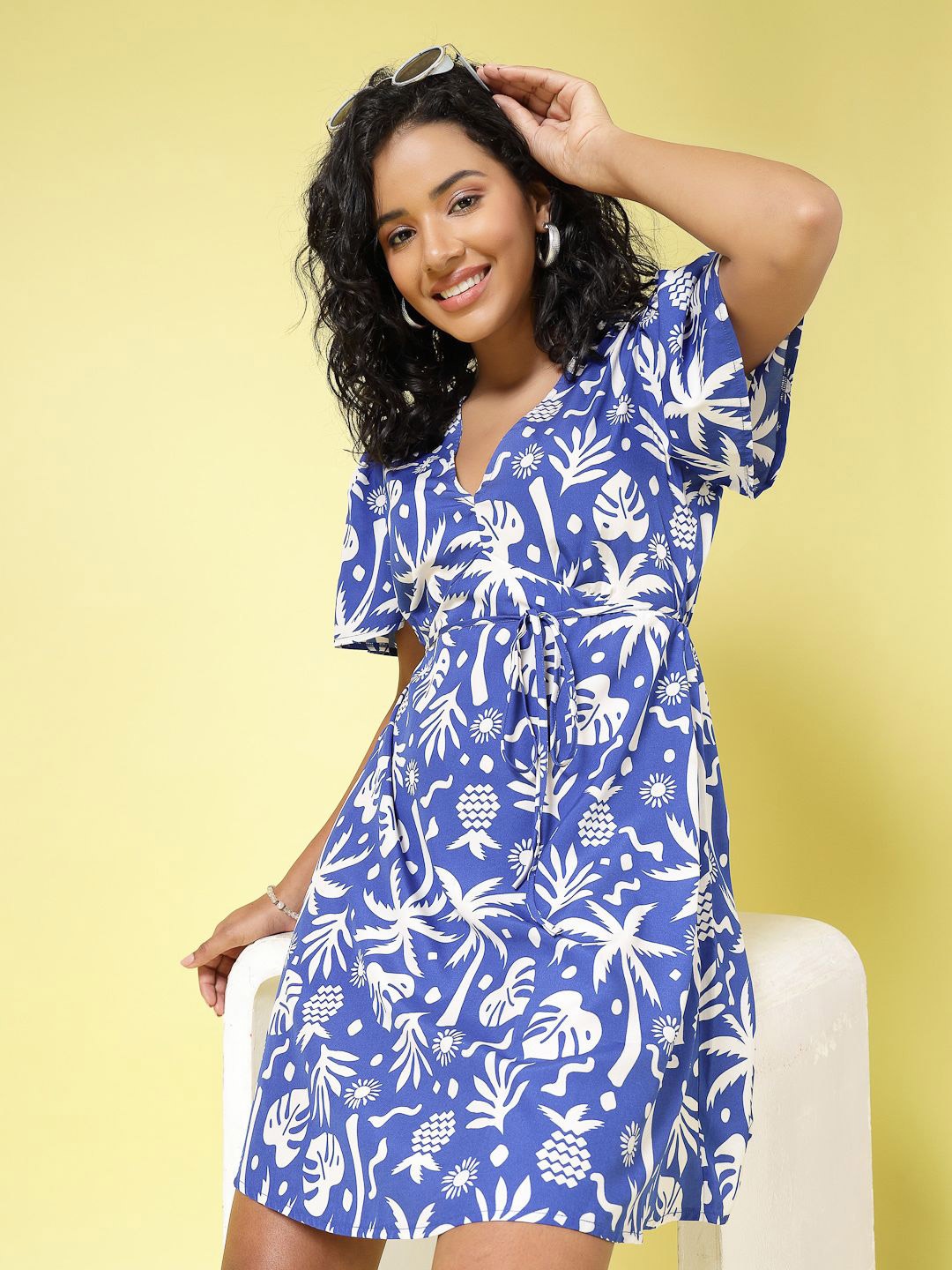 

EVERYDAY by ANI V-Neck Tropical Printed Crepe Wrap Dress, Blue