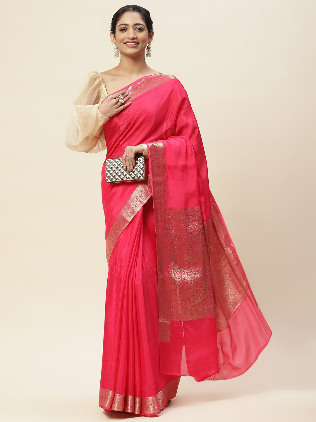 

Meena Bazaar Woven Design Zari Saree, Pink