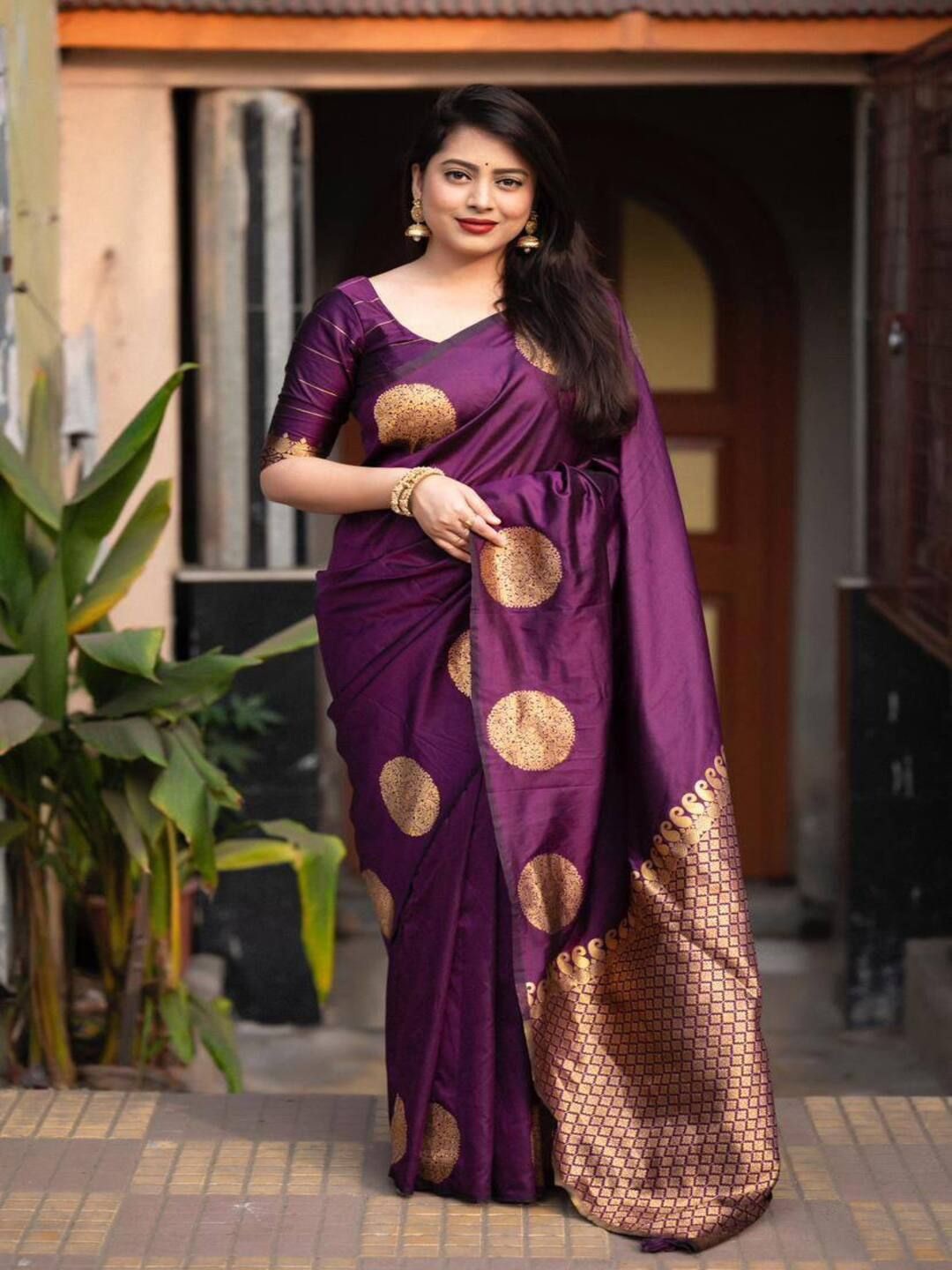 

SANJANA SILK Ethnic Motifs Zari Chanderi Saree, Violet