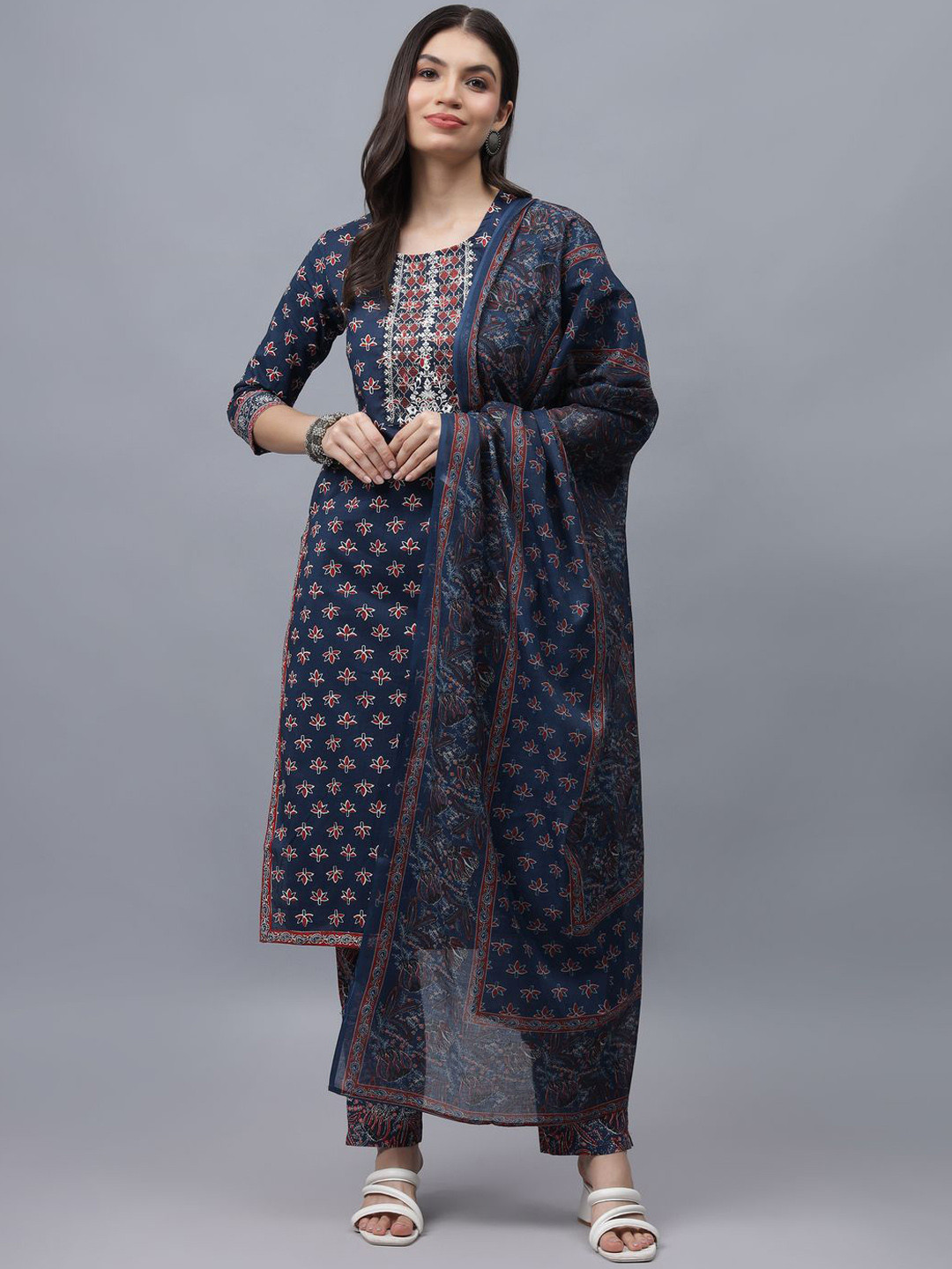 

ADAA JAIPUR Floral Printed Thread Work Pure Cotton Straight Kurta with Trousers & Dupatta, Navy blue